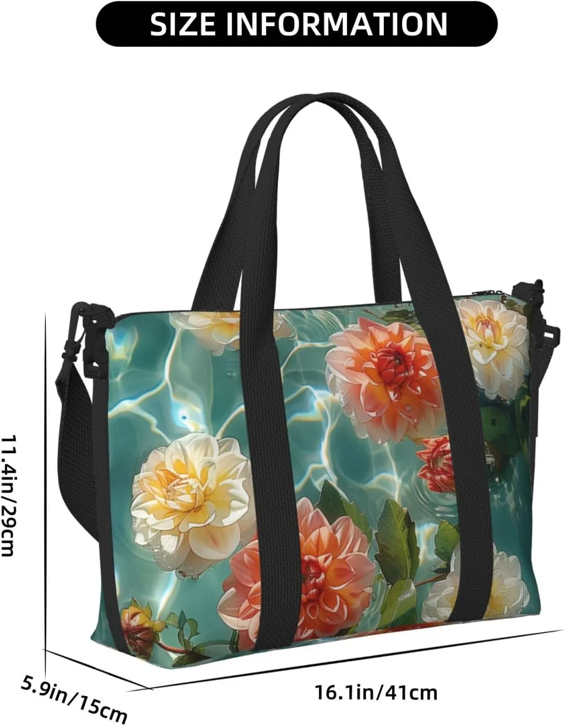 dahlias floating on_the water print Travel Duffel Bag, Sports Tote Gym Bag, Swim Pool Bag Large Shoulder Tote Bag for Beach Weekender, 202-406-121
