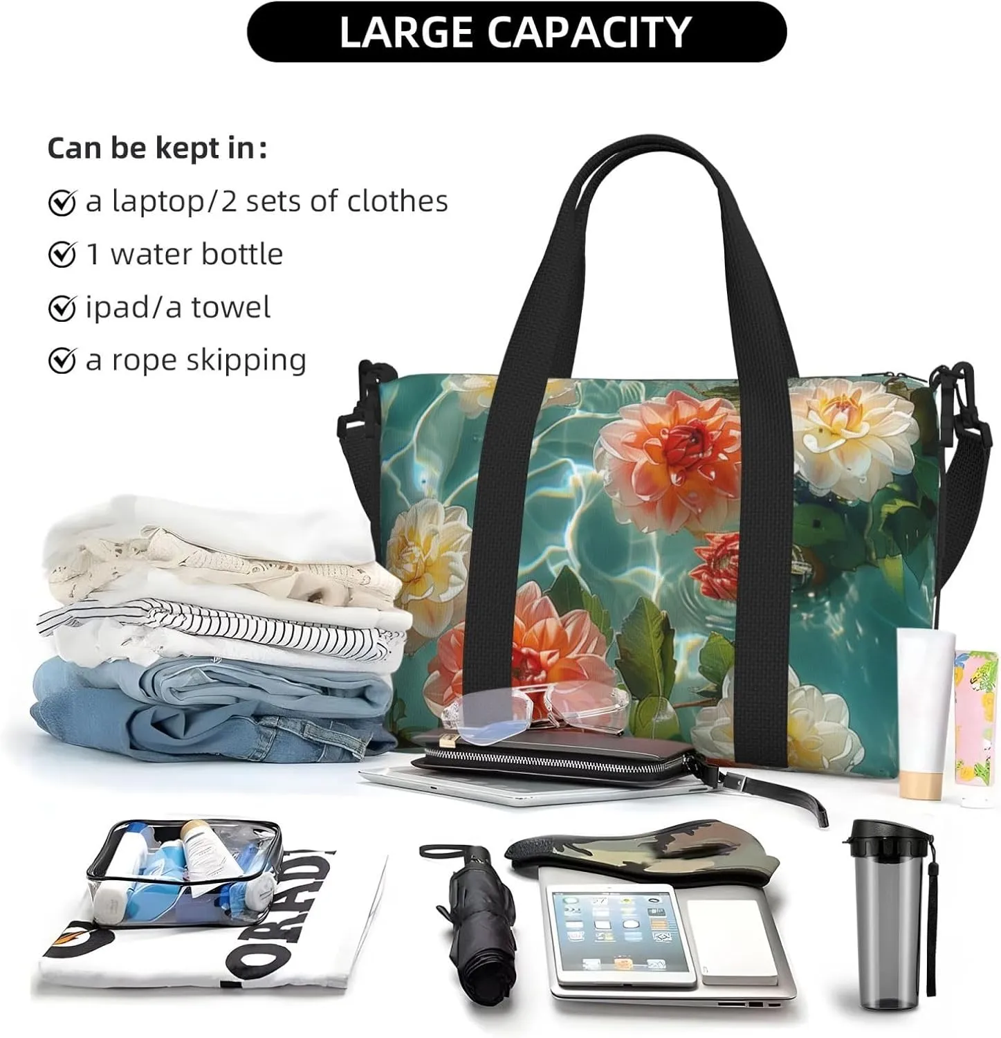 dahlias floating on_the water print Travel Duffel Bag, Sports Tote Gym Bag, Swim Pool Bag Large Shoulder Tote Bag for Beach Weekender, 202-406-121