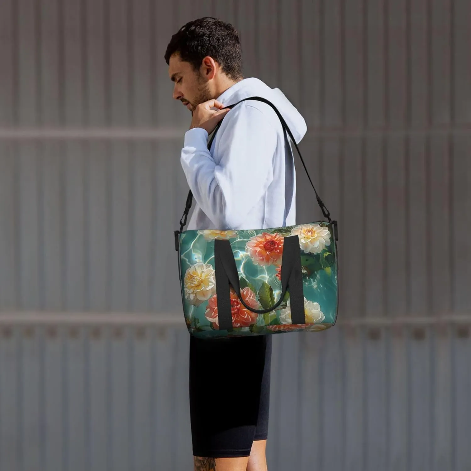 dahlias floating on_the water print Travel Duffel Bag, Sports Tote Gym Bag, Swim Pool Bag Large Shoulder Tote Bag for Beach Weekender, 202-406-121