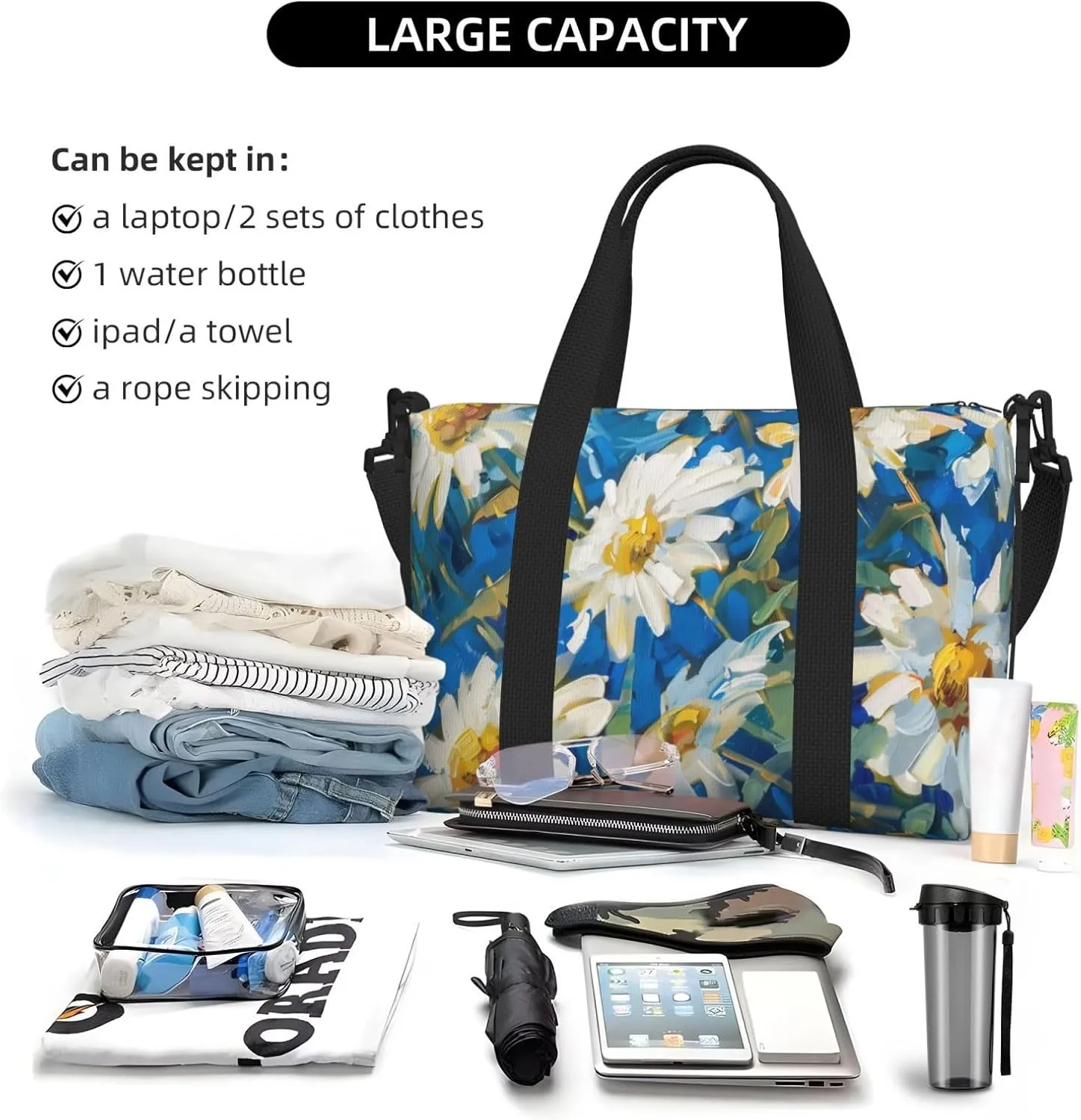 daisies in yellow flowers print Travel Duffel Bag, Sports Tote Gym Bag, Swim Pool Bag Large Shoulder Tote Bag for Beach Weekender