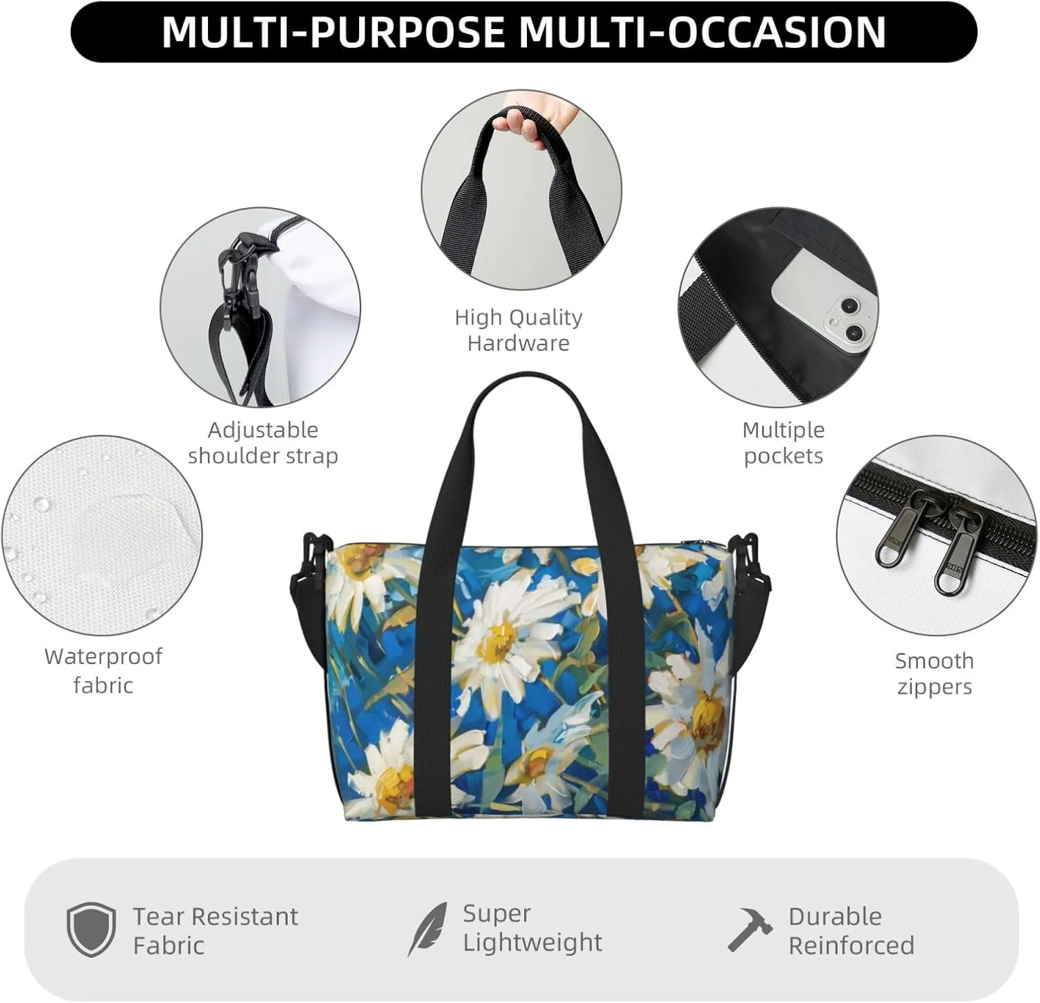 daisies in yellow flowers print Travel Duffel Bag, Sports Tote Gym Bag, Swim Pool Bag Large Shoulder Tote Bag for Beach Weekender