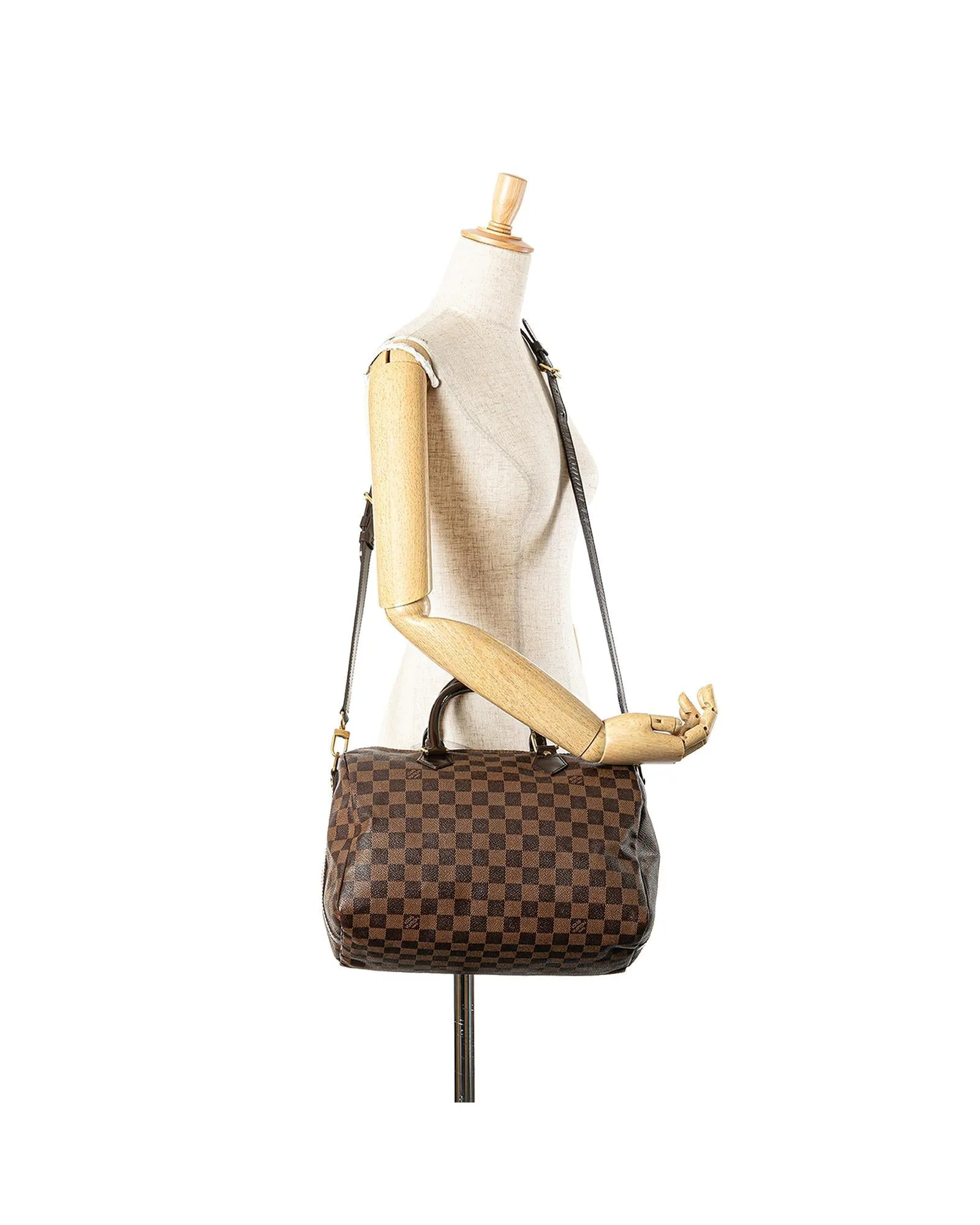 Damier Ebene Speedy Bandouliere Canvas Bag with Leather Handles and Detachable Strap
