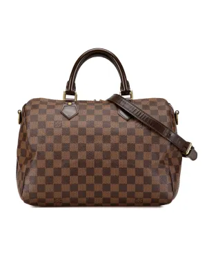 Damier Ebene Speedy Bandouliere Canvas Bag with Leather Handles and Detachable Strap