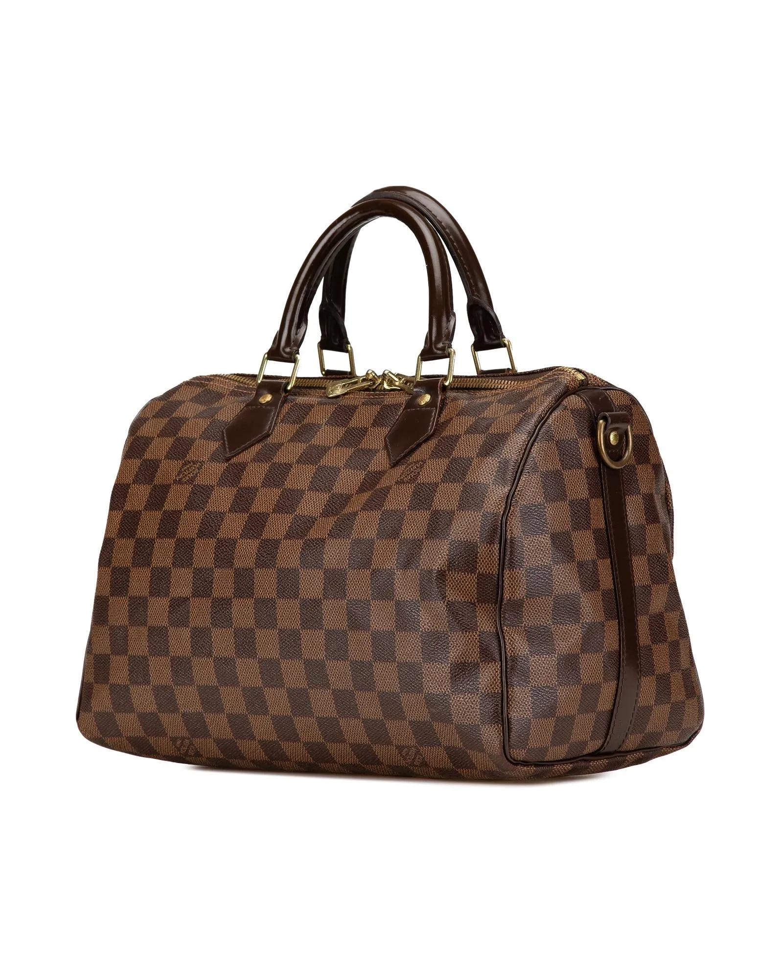 Damier Ebene Speedy Bandouliere Canvas Bag with Leather Handles and Detachable Strap
