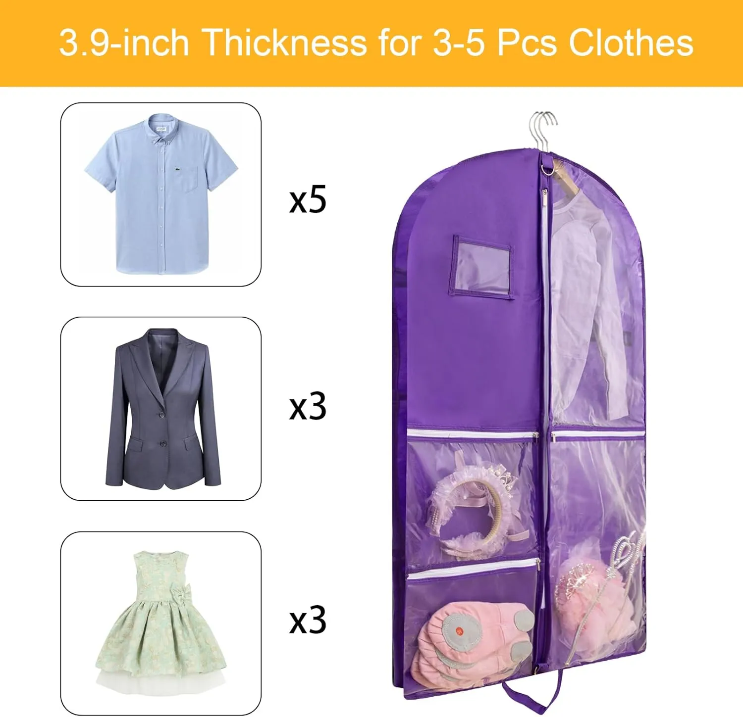 Dance Costume Bag, Garment Bags 40 Inch for Dance Competitions, Garment Bags for Travel, Portable Foldable Dust-Proof Storage Bags for Coats, 5 Clear Zipper Pockets,suitable to Gowns, Dresses(Purple)