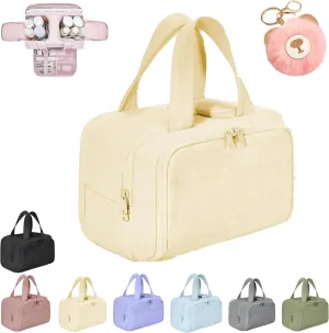 Decisive Makeup Bag, Elouva Toiletry Bag, Large Capacity Wide-Open Travel Cosmetic Bag, Lightweight Waterproof Puffer Storage Bag, Dry-and-Wet Separation with 4 Compartments for Easy Access (Beige)