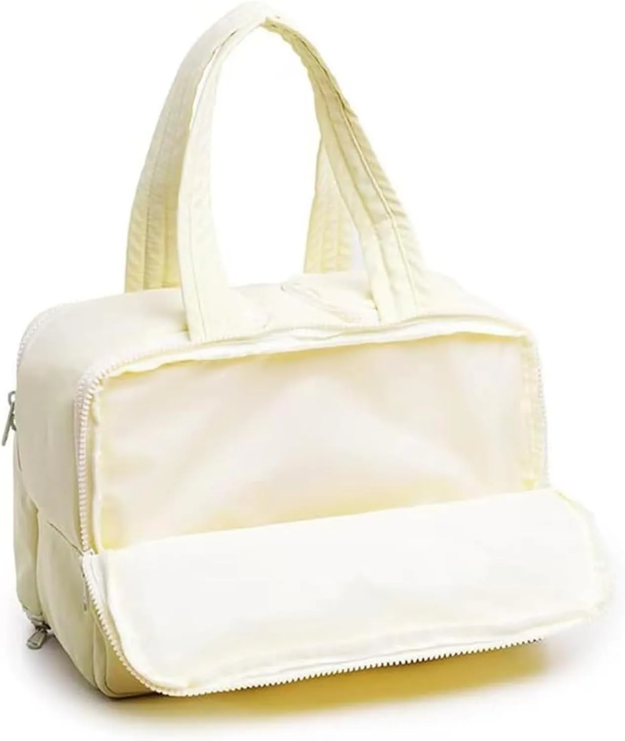 Decisive Makeup Bag, Elouva Toiletry Bag, Large Capacity Wide-Open Travel Cosmetic Bag, Lightweight Waterproof Puffer Storage Bag, Dry-and-Wet Separation with 4 Compartments for Easy Access (Beige)