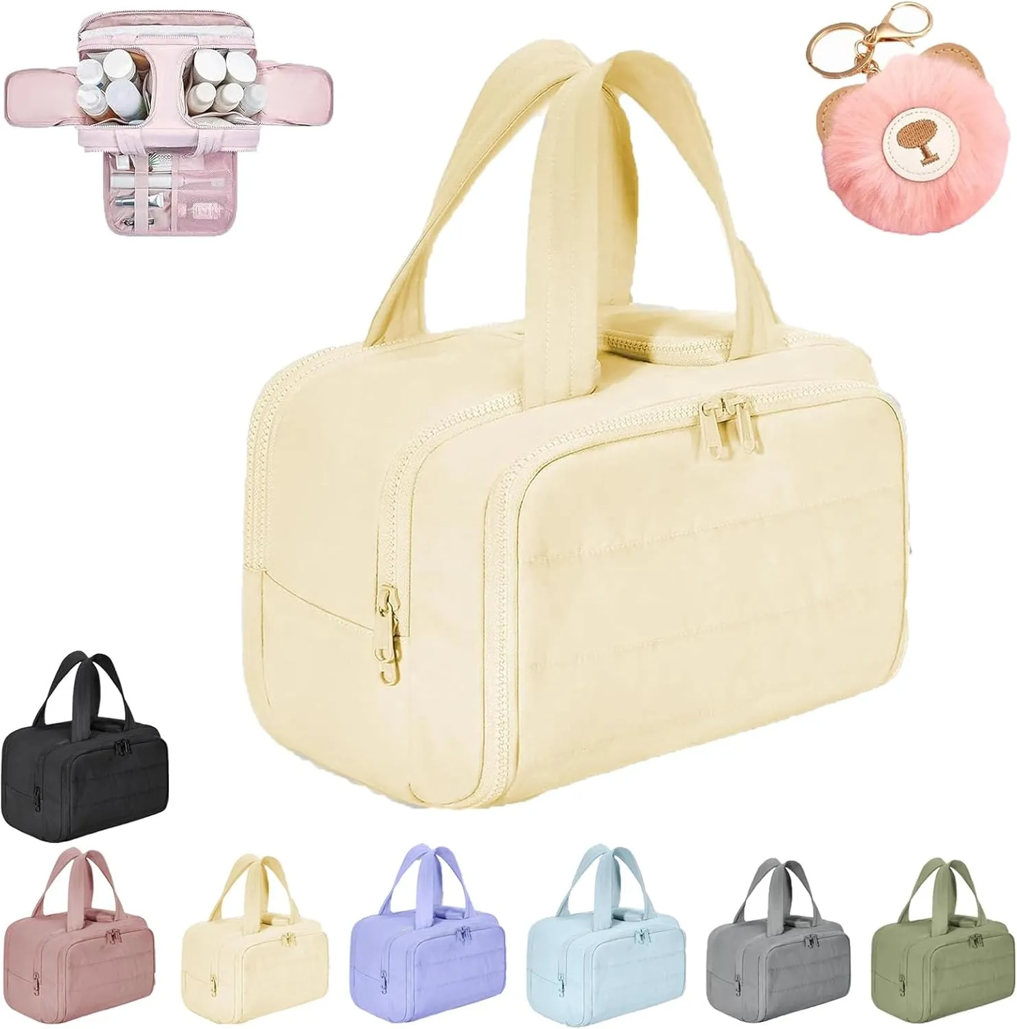 Decisive Makeup Bag, Elouva Toiletry Bag, Large Capacity Wide-Open Travel Cosmetic Bag, Lightweight Waterproof Puffer Storage Bag, Dry-and-Wet Separation with 4 Compartments for Easy Access (Beige)
