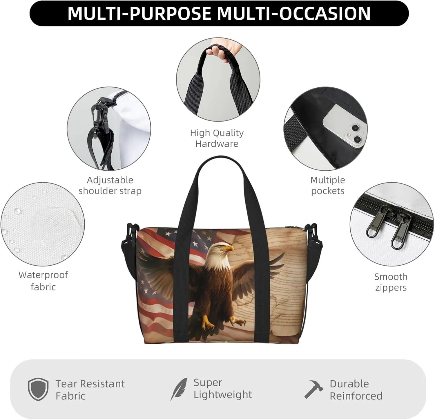 declaration print Travel Duffel Bag, Sports Tote Gym Bag, Swim Pool Bag Large Shoulder Tote Bag for Beach Weekender