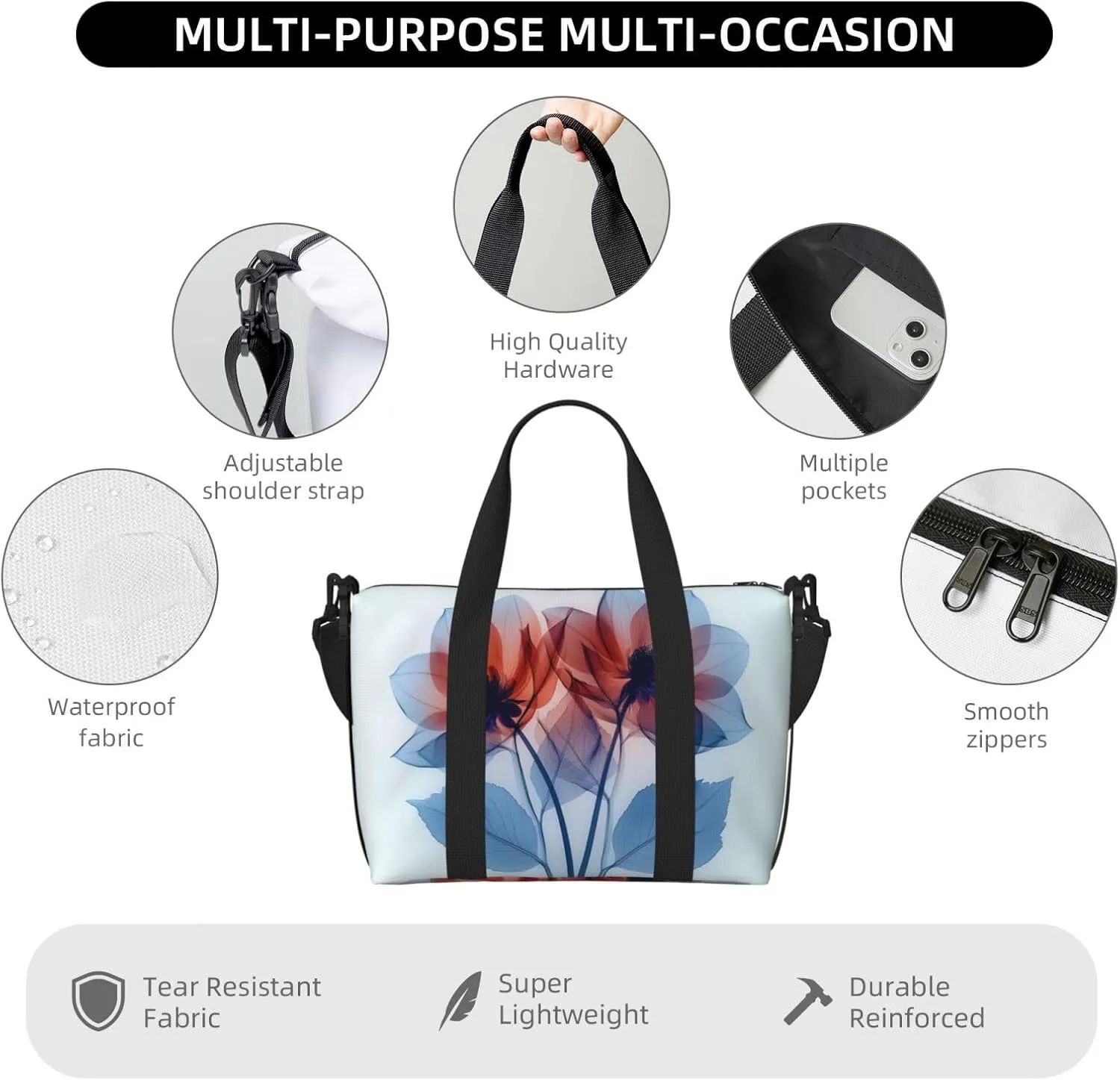 deep purple dahlia blossom print Travel Duffel Bag, Sports Tote Gym Bag, Swim Pool Bag Large Shoulder Tote Bag for Beach Weekender