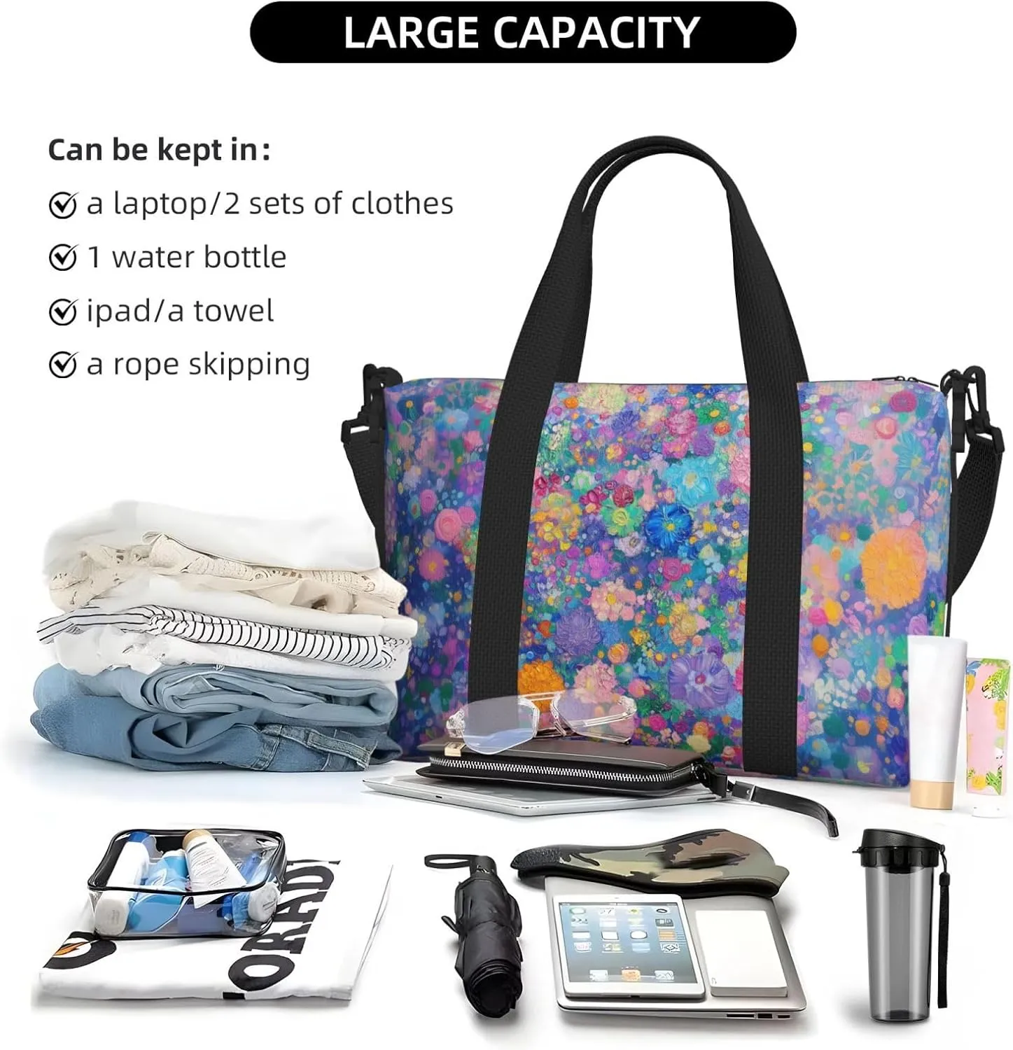 dense flower art print Travel Duffel Bag, Sports Tote Gym Bag, Swim Pool Bag Large Shoulder Tote Bag for Beach Weekender