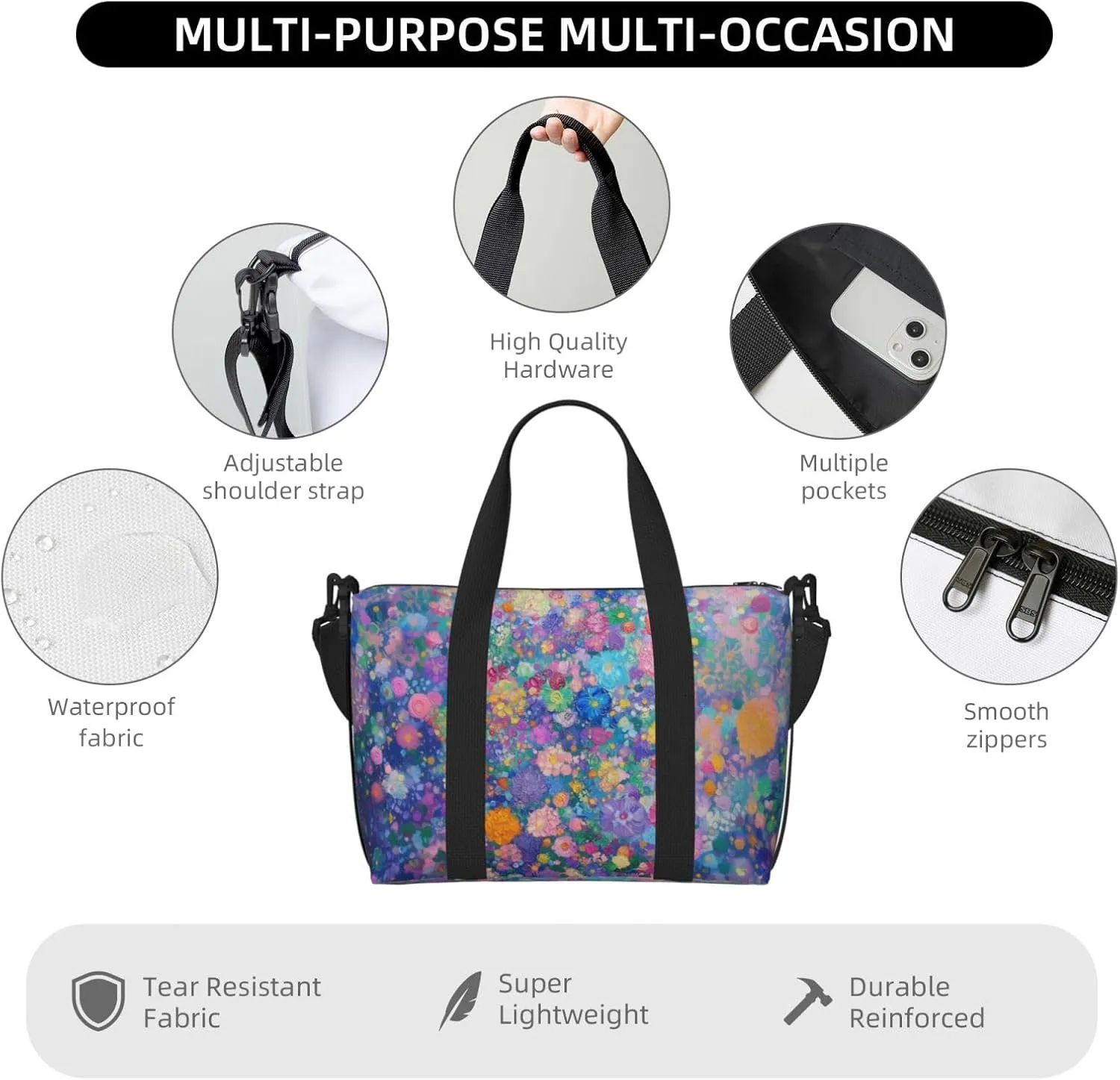 dense flower art print Travel Duffel Bag, Sports Tote Gym Bag, Swim Pool Bag Large Shoulder Tote Bag for Beach Weekender