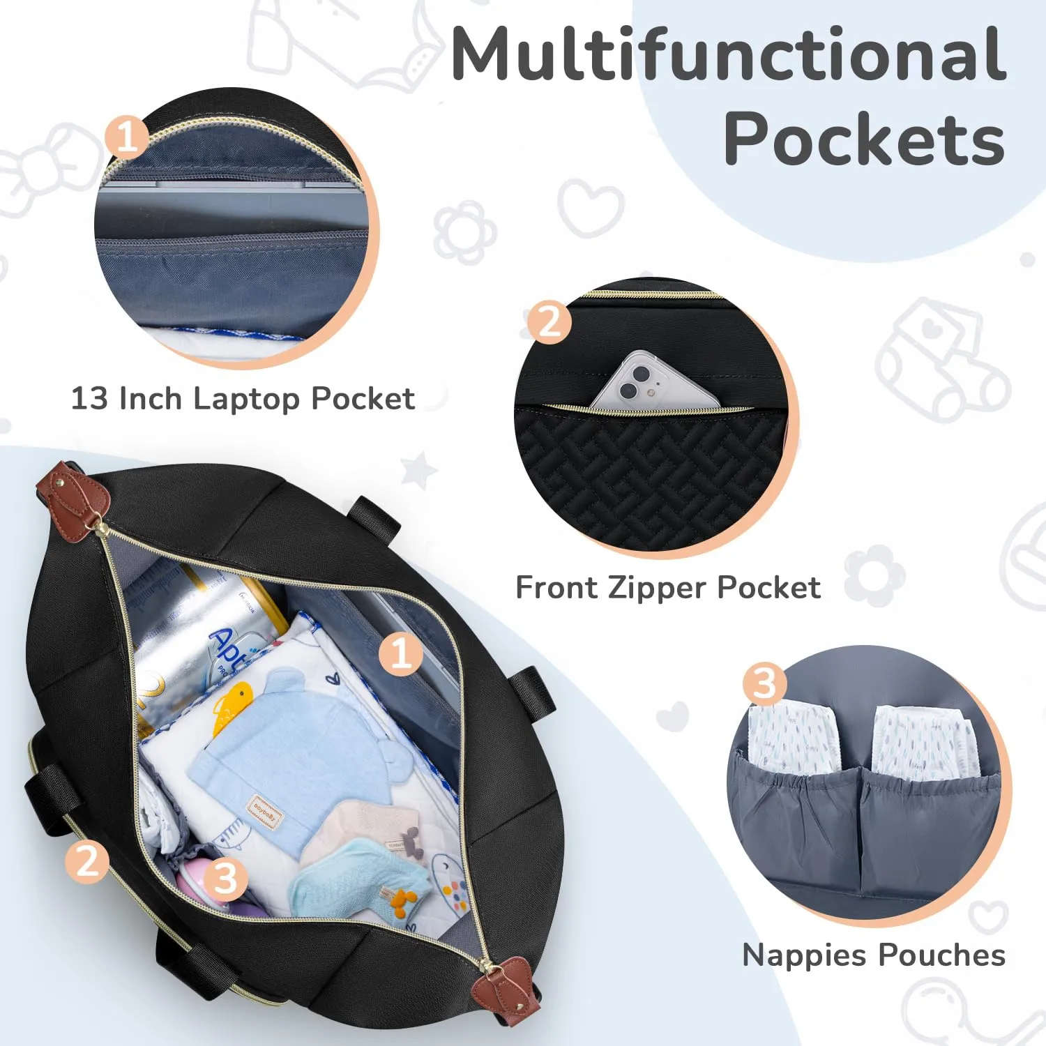 Diaper Bag Tote, Baby Bag Travel Diaper Tote Bag with Pacifier Case, Cute Maternity Hospital Baby Stylish Diaper Tote for Mom Dad Medium Size, Black