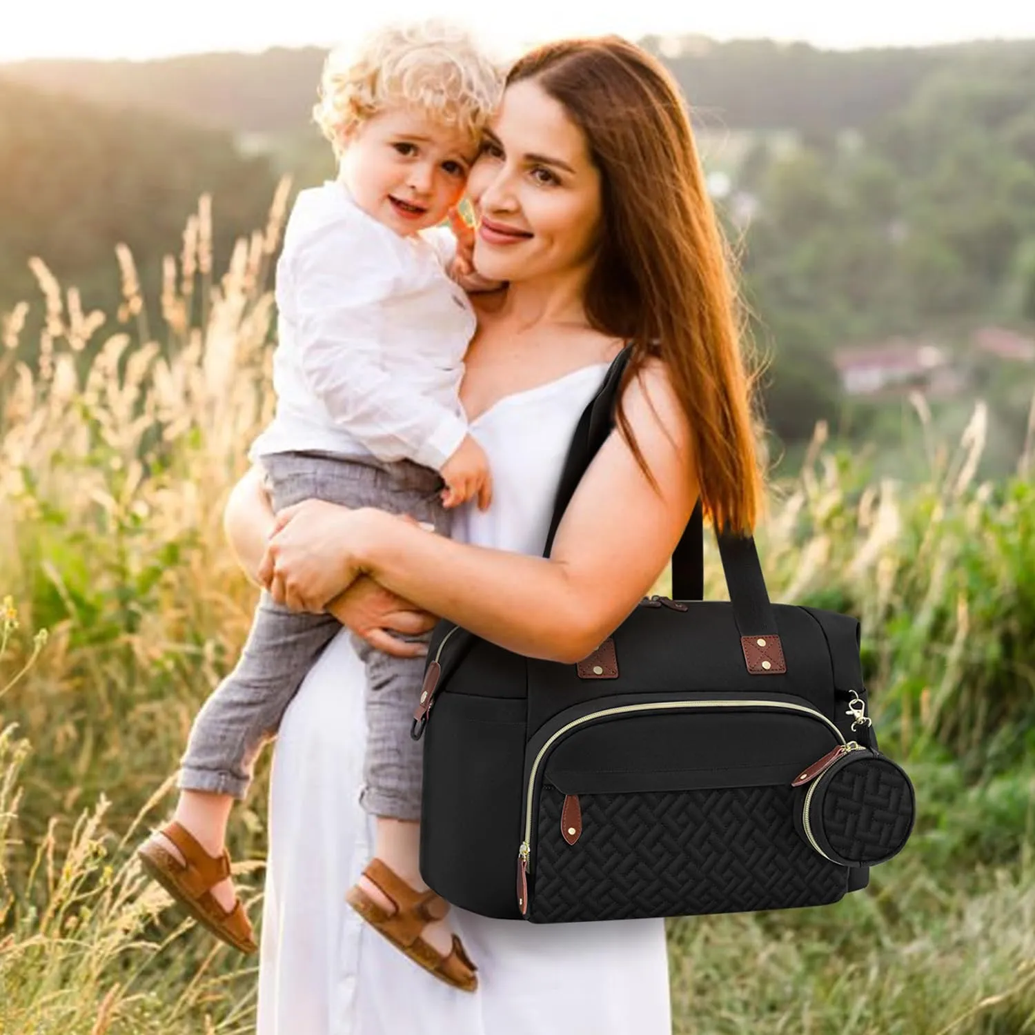 Diaper Bag Tote, Baby Bag Travel Diaper Tote Bag with Pacifier Case, Cute Maternity Hospital Baby Stylish Diaper Tote for Mom Dad Medium Size, Black