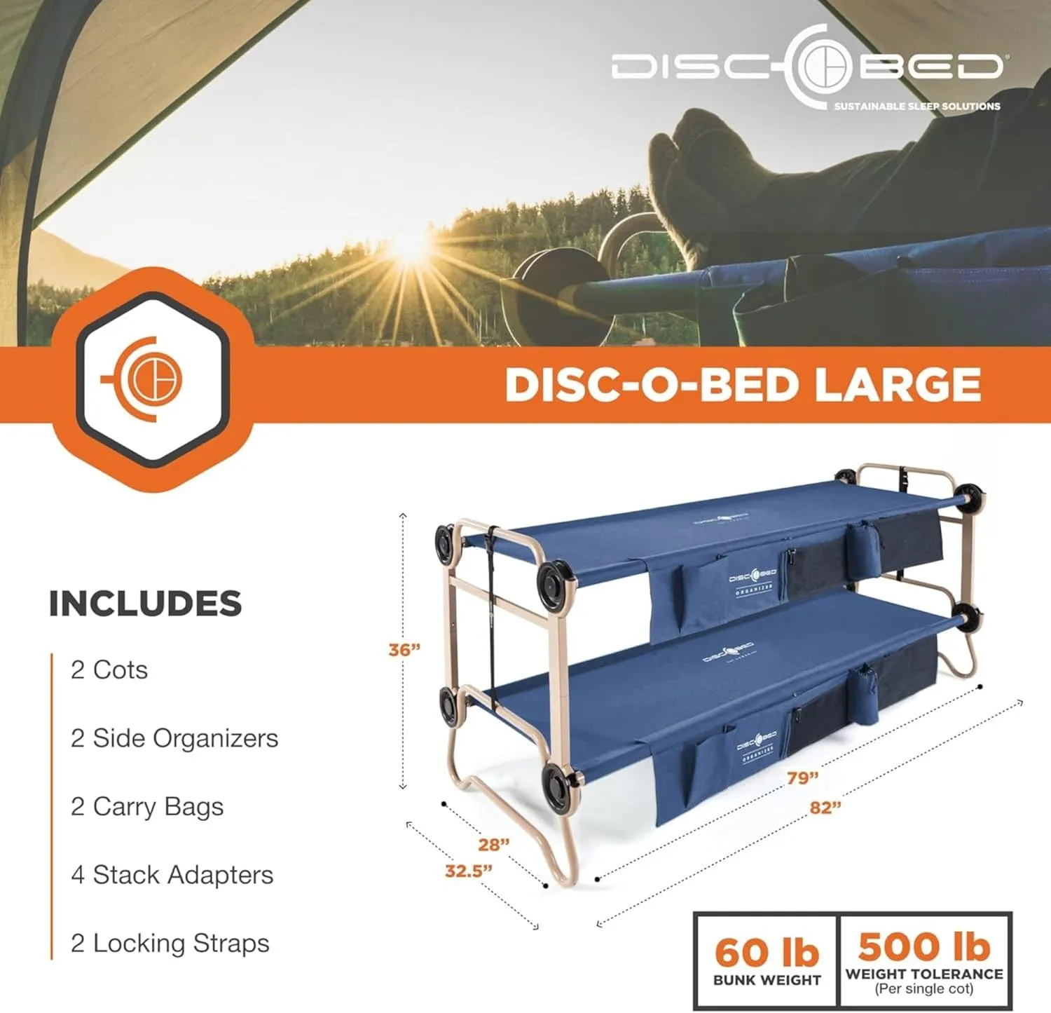 Disc-O-Bed Large Outdoor Convertible 2 Person Bench and Double Camping Cot Portable Bed Bunk System for Adults