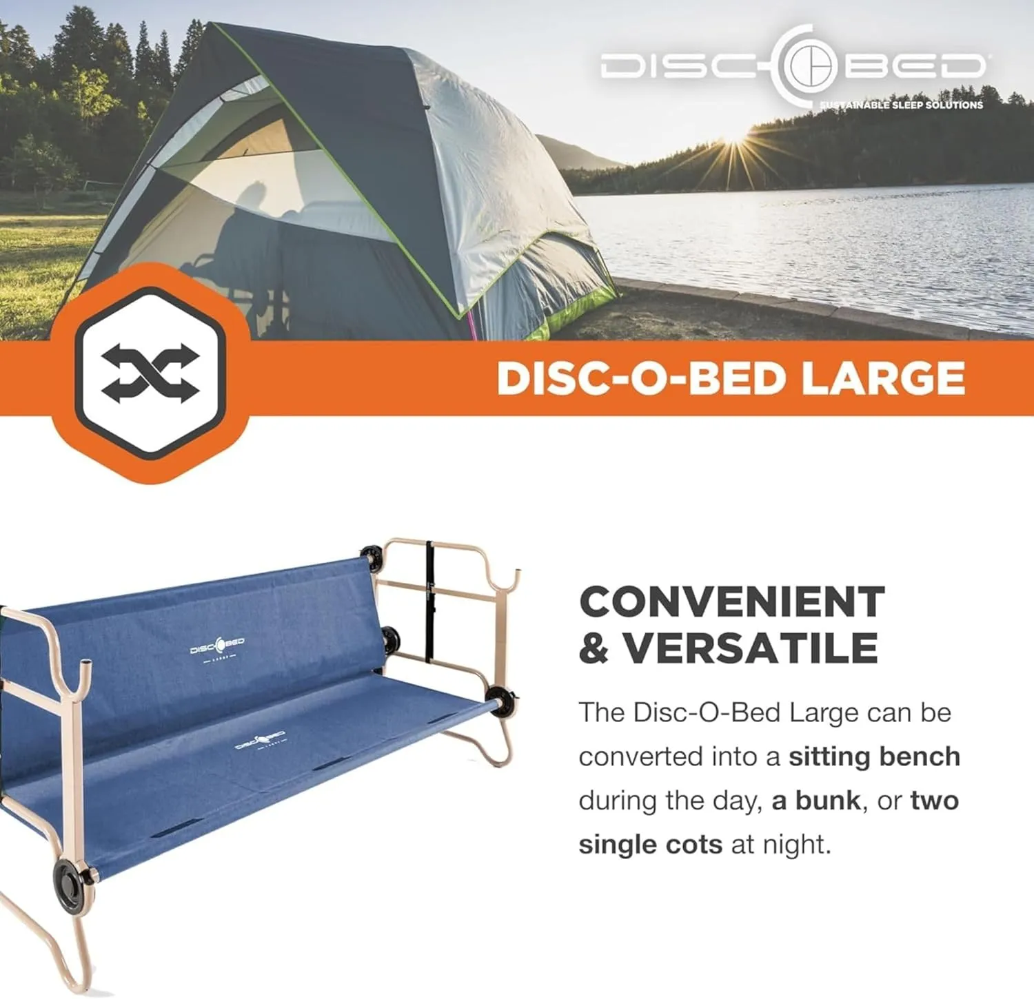 Disc-O-Bed Large Outdoor Convertible 2 Person Bench and Double Camping Cot Portable Bed Bunk System for Adults