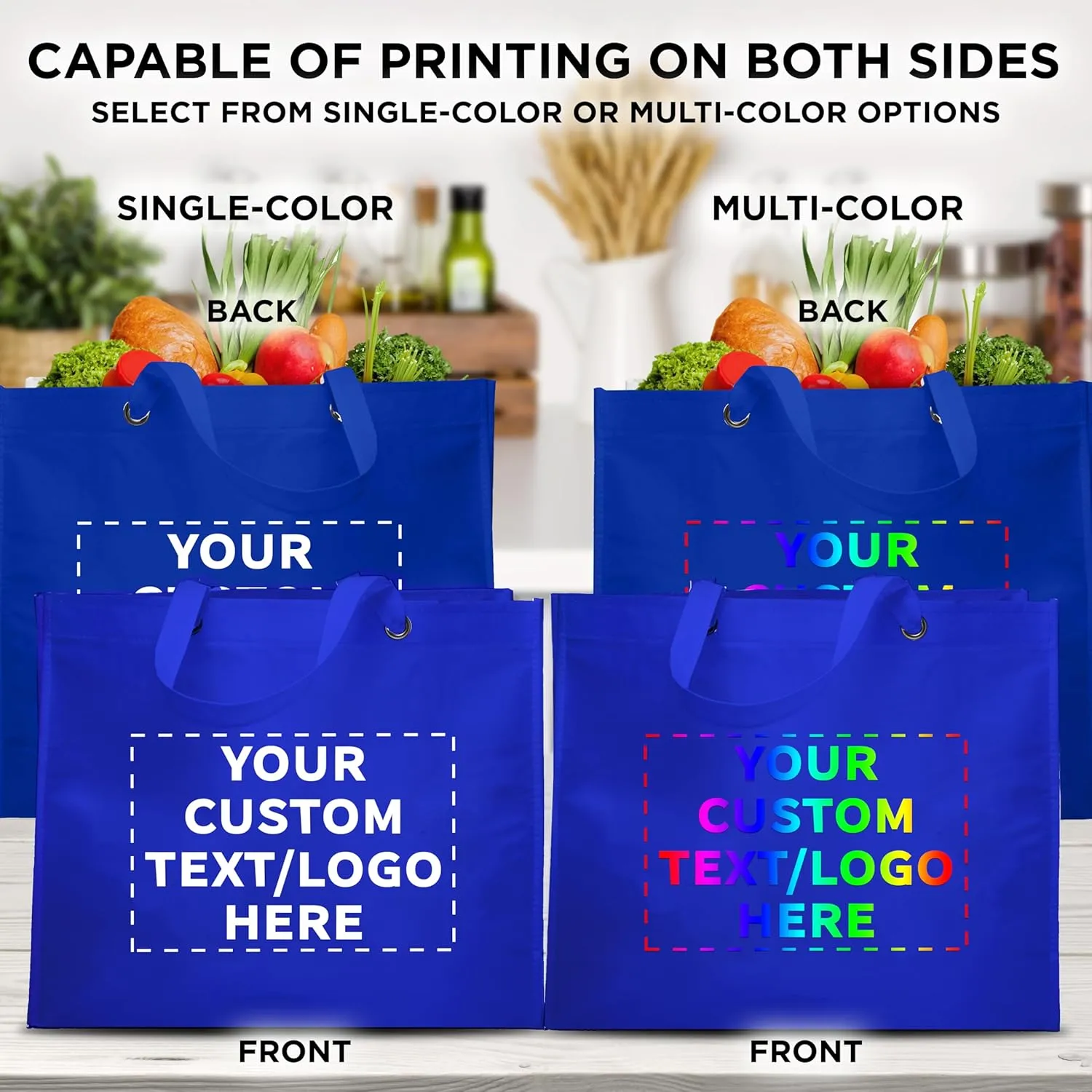 DISCOUNT PROMOS Custom Reusable Shopping Tote Bags - 10 Pack - Personalized Logo, Text - Canvas Cloth Grocery Shopping Bags - Blue