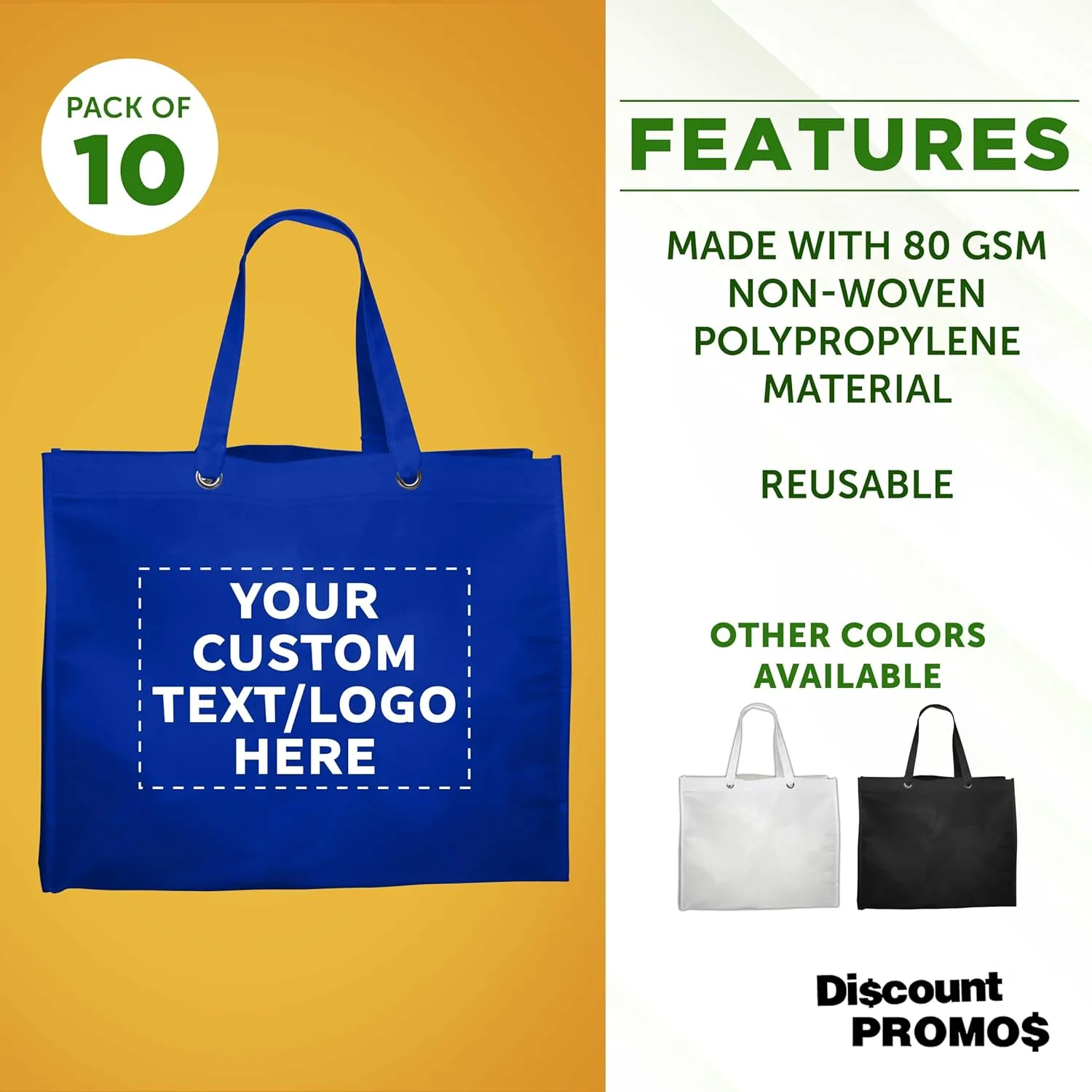DISCOUNT PROMOS Custom Reusable Shopping Tote Bags - 10 Pack - Personalized Logo, Text - Canvas Cloth Grocery Shopping Bags - Blue