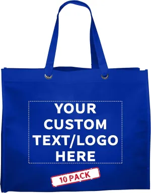 DISCOUNT PROMOS Custom Reusable Shopping Tote Bags - 10 Pack - Personalized Logo, Text - Canvas Cloth Grocery Shopping Bags - Blue