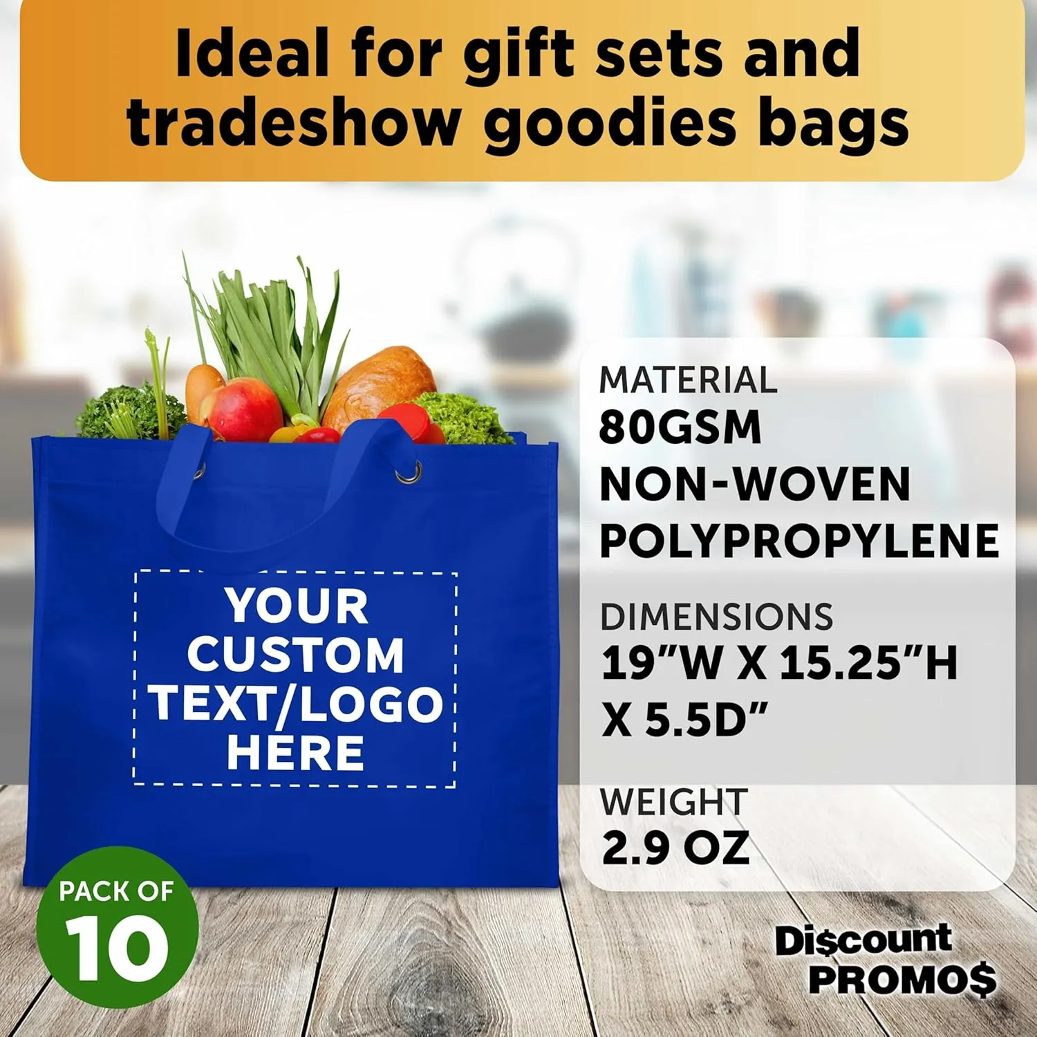 DISCOUNT PROMOS Custom Reusable Shopping Tote Bags - 10 Pack - Personalized Logo, Text - Canvas Cloth Grocery Shopping Bags - Blue
