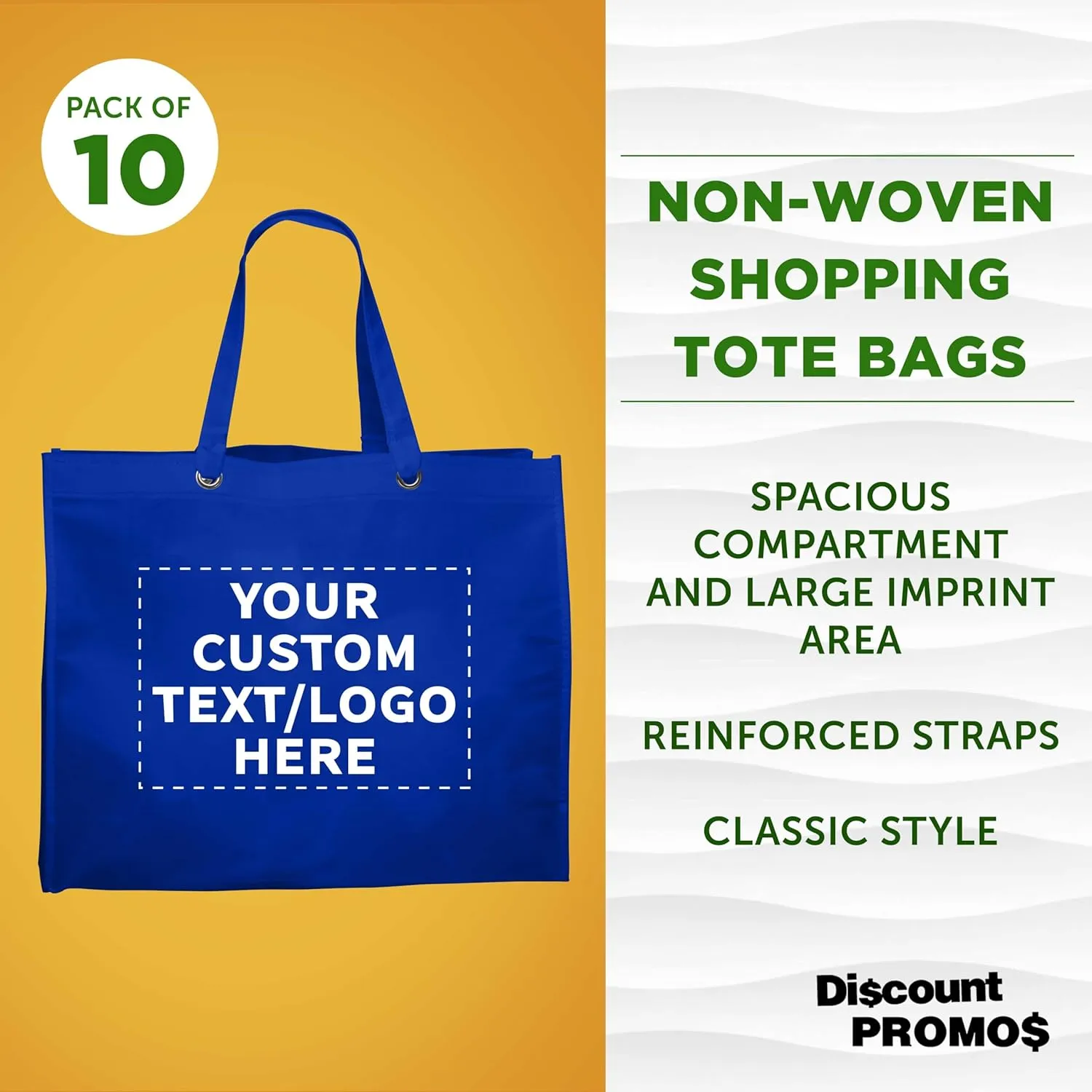 DISCOUNT PROMOS Custom Reusable Shopping Tote Bags - 10 Pack - Personalized Logo, Text - Canvas Cloth Grocery Shopping Bags - Blue