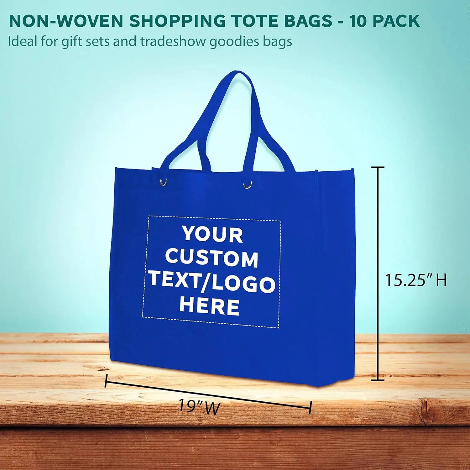 DISCOUNT PROMOS Custom Reusable Shopping Tote Bags - 10 Pack - Personalized Logo, Text - Canvas Cloth Grocery Shopping Bags - Blue