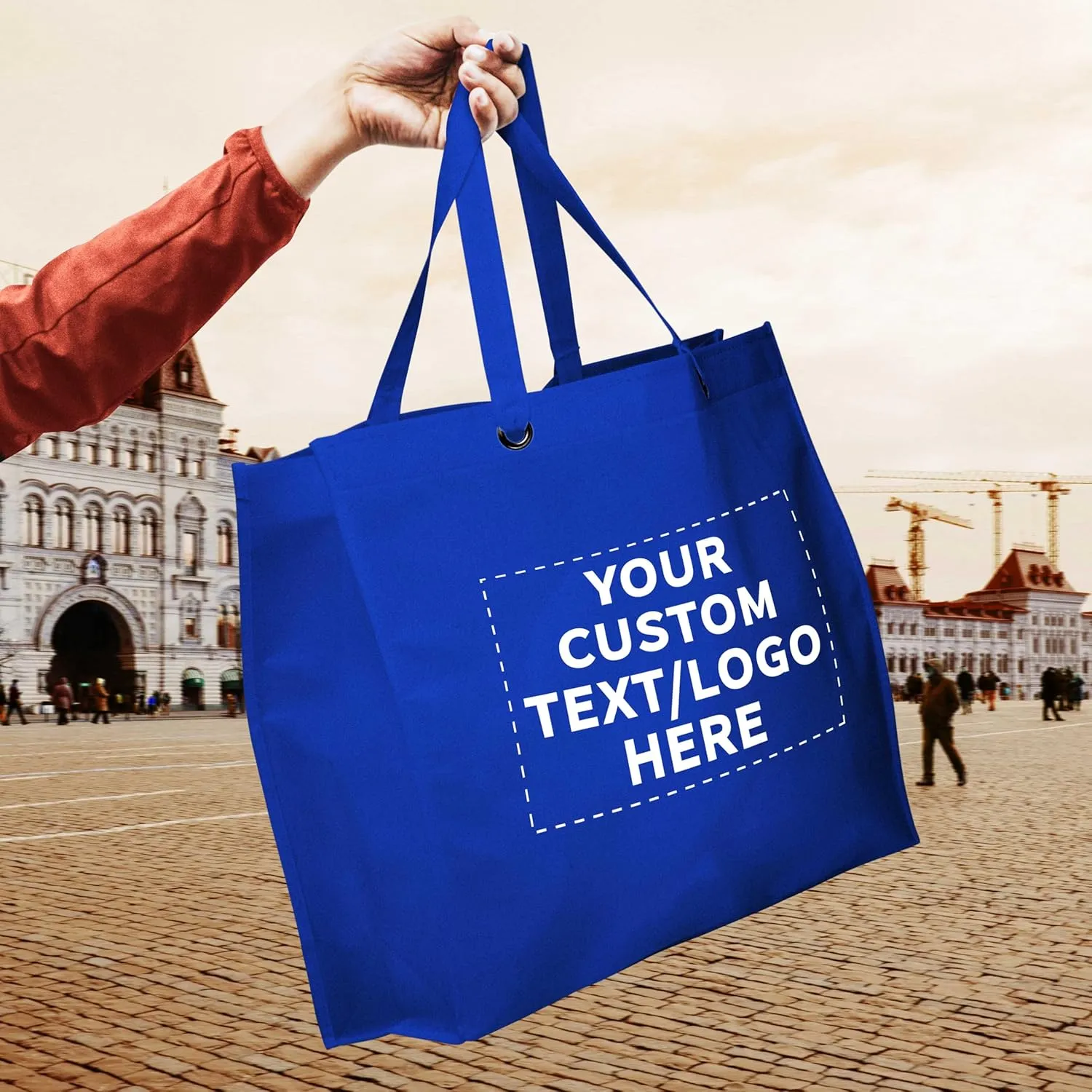 DISCOUNT PROMOS Custom Reusable Shopping Tote Bags - 10 Pack - Personalized Logo, Text - Canvas Cloth Grocery Shopping Bags - Blue