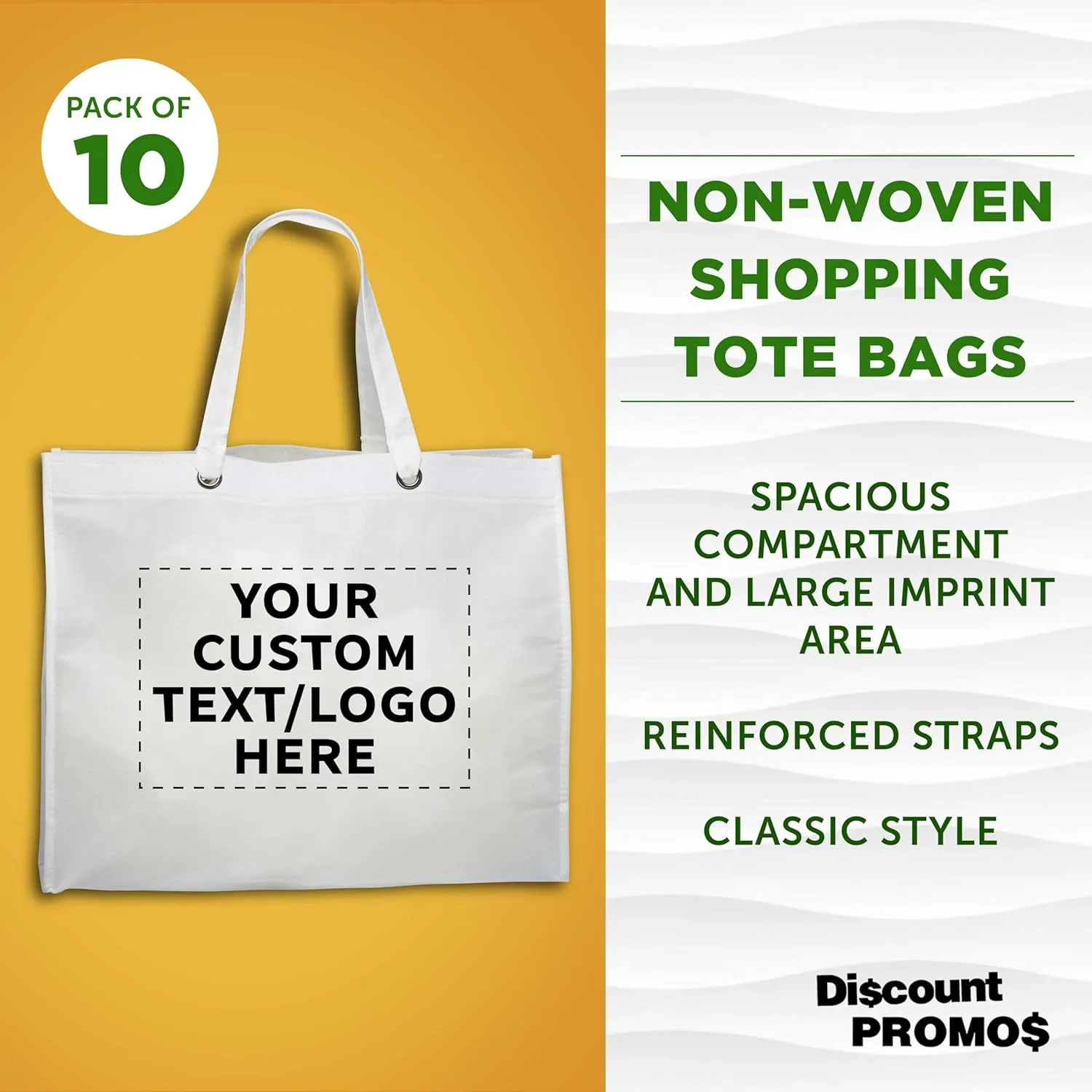 DISCOUNT PROMOS Custom Reusable Shopping Tote Bags- 10 Pack - Personalized Logo, Text - Canvas Cloth Grocery Shopping Bags - White