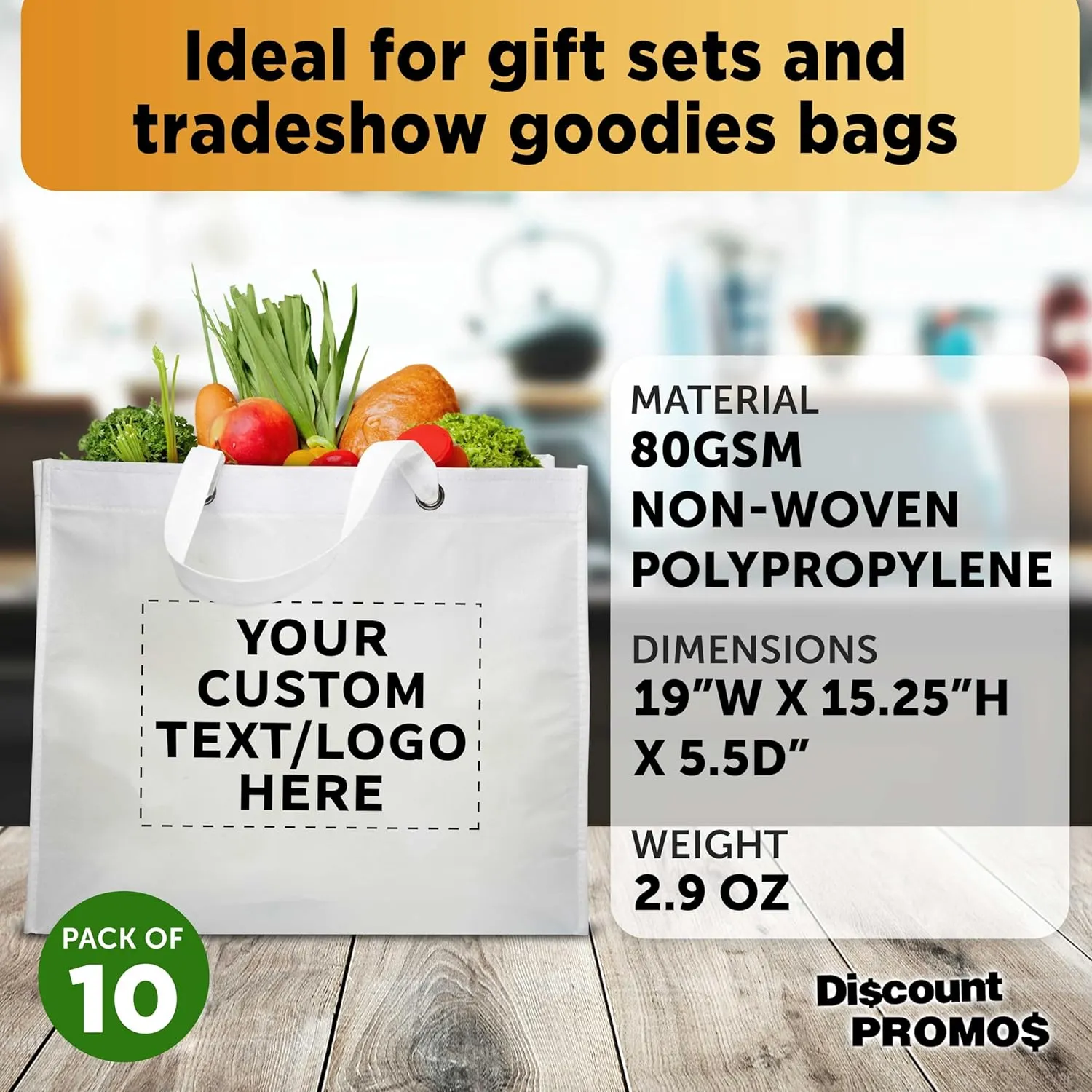 DISCOUNT PROMOS Custom Reusable Shopping Tote Bags- 10 Pack - Personalized Logo, Text - Canvas Cloth Grocery Shopping Bags - White