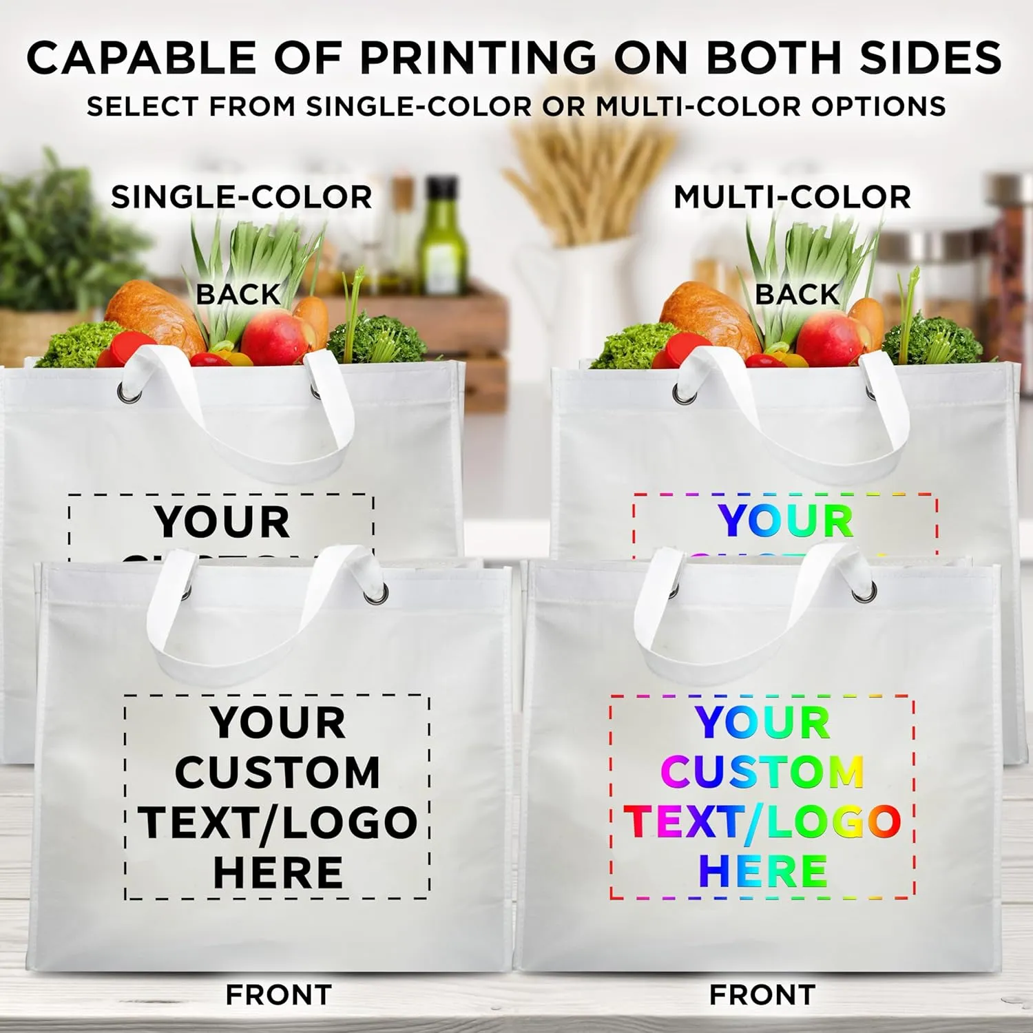 DISCOUNT PROMOS Custom Reusable Shopping Tote Bags- 10 Pack - Personalized Logo, Text - Canvas Cloth Grocery Shopping Bags - White