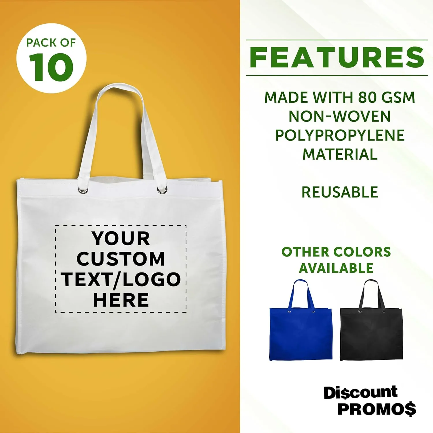 DISCOUNT PROMOS Custom Reusable Shopping Tote Bags- 10 Pack - Personalized Logo, Text - Canvas Cloth Grocery Shopping Bags - White