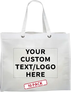 DISCOUNT PROMOS Custom Reusable Shopping Tote Bags- 10 Pack - Personalized Logo, Text - Canvas Cloth Grocery Shopping Bags - White