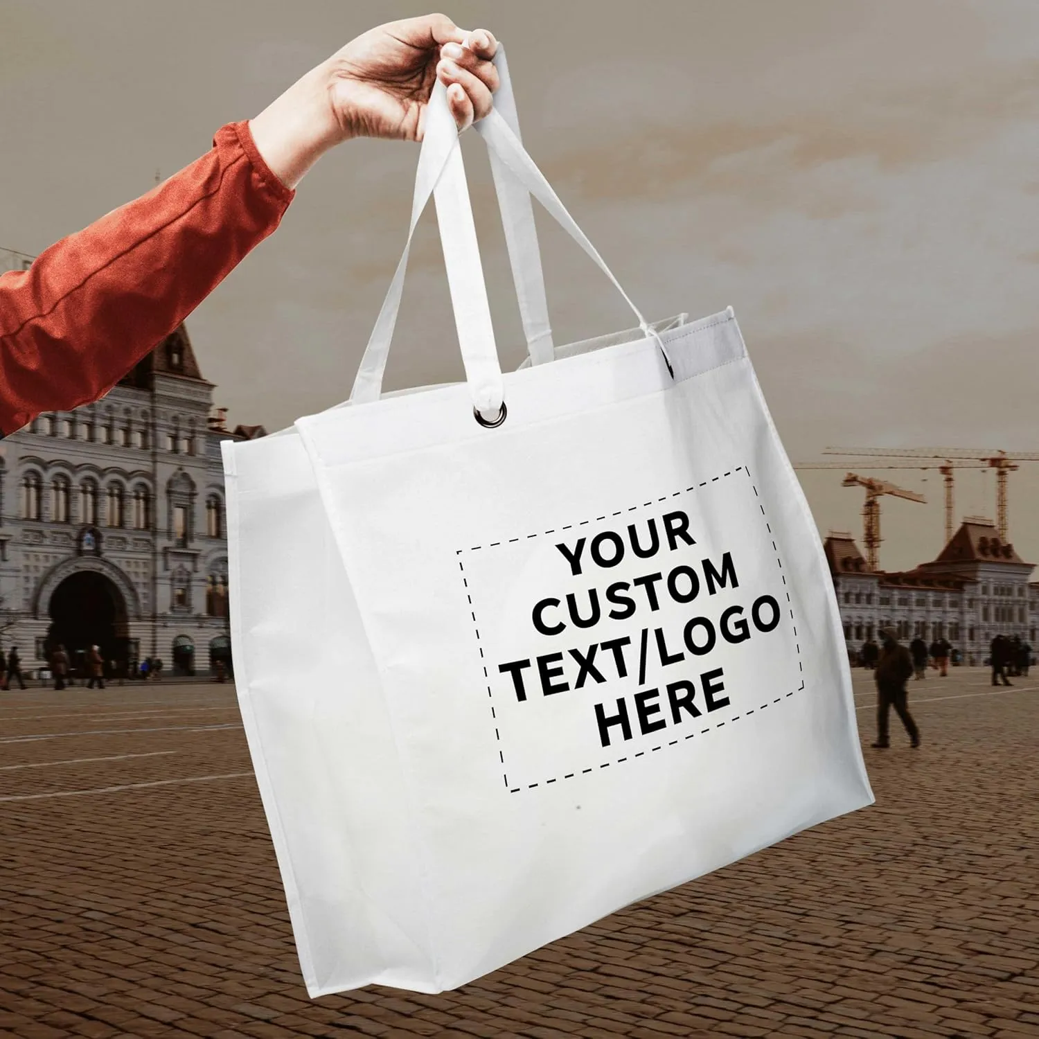 DISCOUNT PROMOS Custom Reusable Shopping Tote Bags- 10 Pack - Personalized Logo, Text - Canvas Cloth Grocery Shopping Bags - White