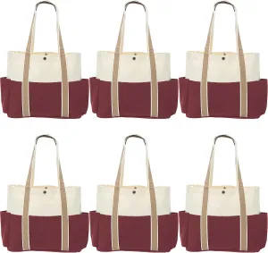 DISCOUNT PROMOS Dual Color Shoulder Tote Bags Set of 6, Bulk Pack - Cool Modern Design, Perfect For Everyday Use - Burgundy
