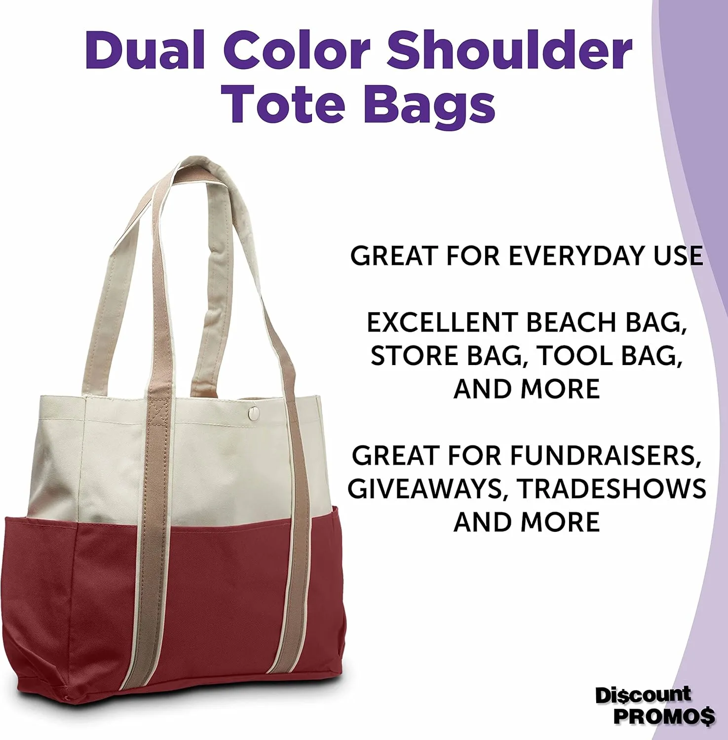 DISCOUNT PROMOS Dual Color Shoulder Tote Bags Set of 6, Bulk Pack - Cool Modern Design, Perfect For Everyday Use - Burgundy