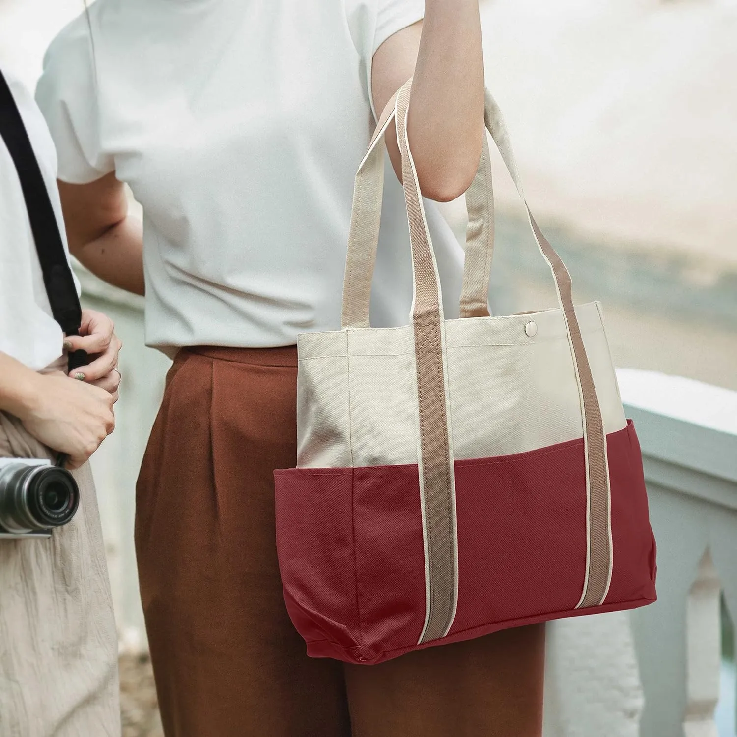 DISCOUNT PROMOS Dual Color Shoulder Tote Bags Set of 6, Bulk Pack - Cool Modern Design, Perfect For Everyday Use - Burgundy