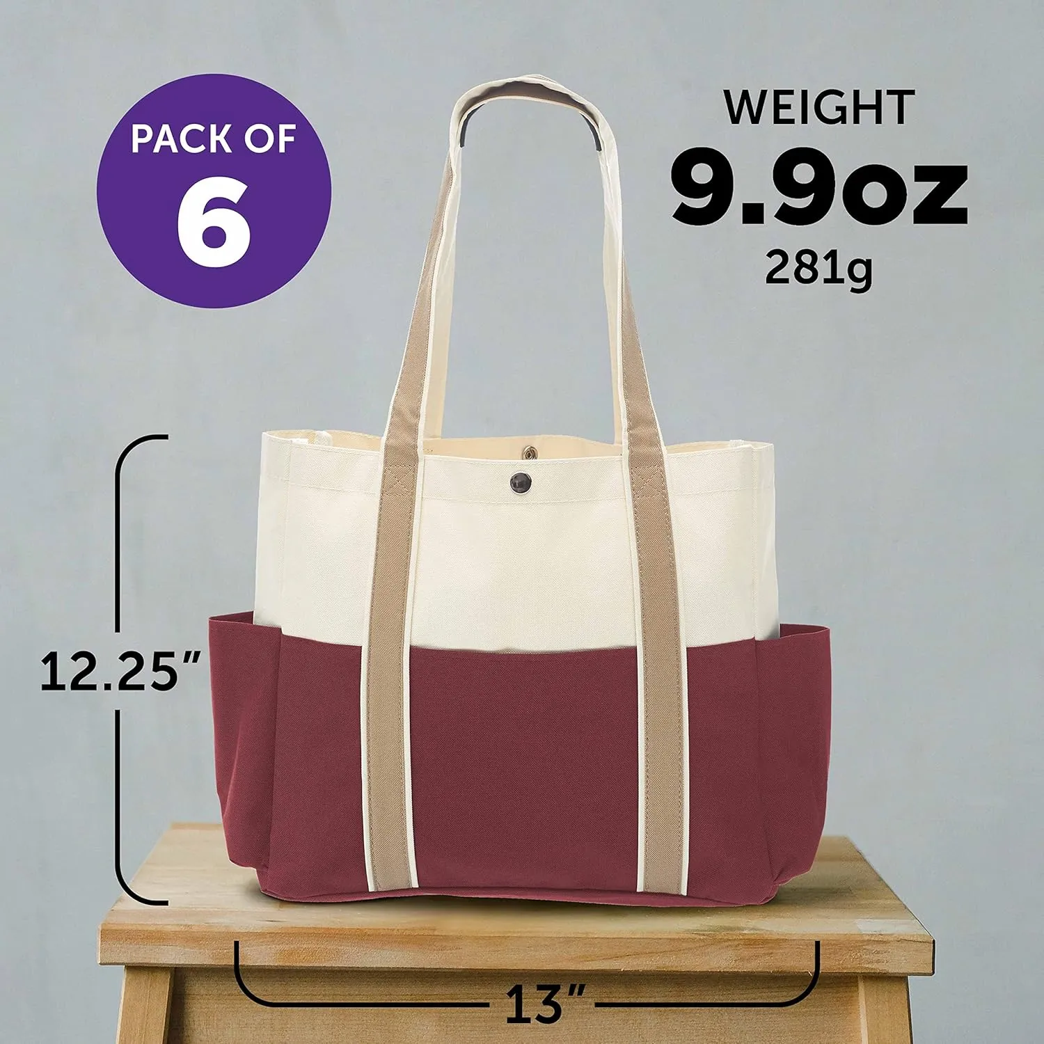 DISCOUNT PROMOS Dual Color Shoulder Tote Bags Set of 6, Bulk Pack - Cool Modern Design, Perfect For Everyday Use - Burgundy