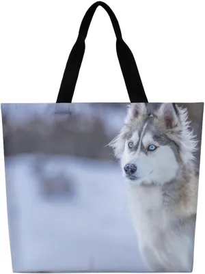 Dog in Snow Tote Bag Large Women Casual Shoulder Bag Reusable Grocery Bag Fasion Handbag for Office Shopping Travel
