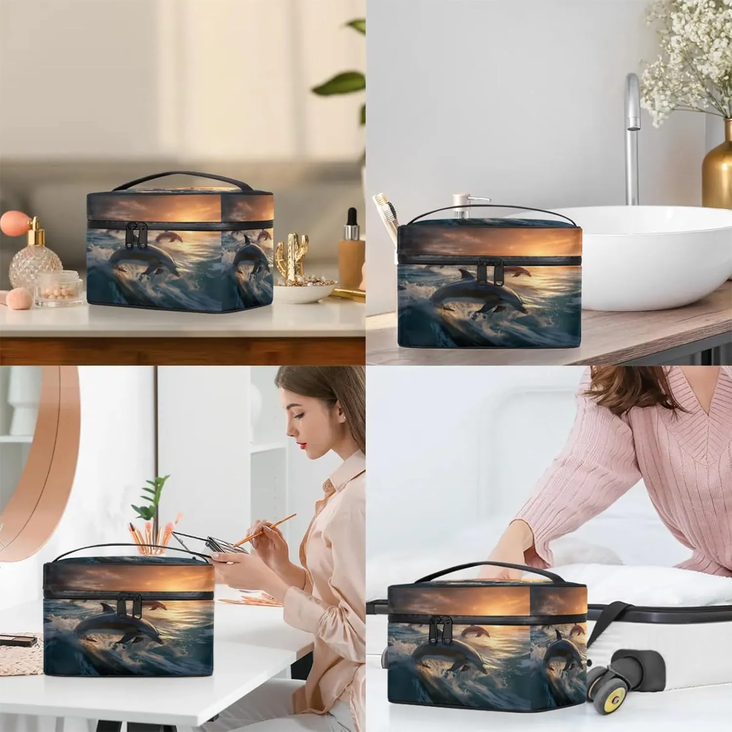 Dolphin Printing Travel Toiletry Bag Large Capacity Makeup Case Organizer with Handle Cosmetic Case for Women Girls