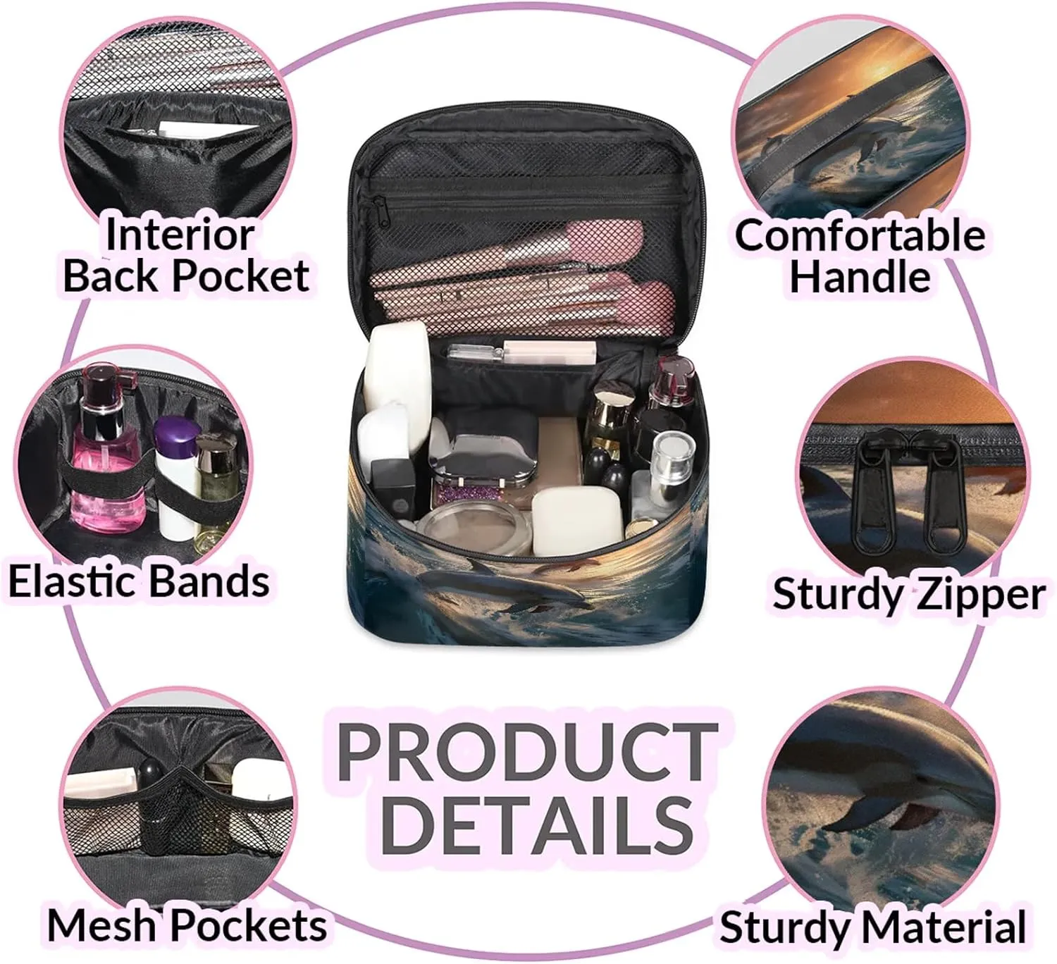 Dolphin Printing Travel Toiletry Bag Large Capacity Makeup Case Organizer with Handle Cosmetic Case for Women Girls