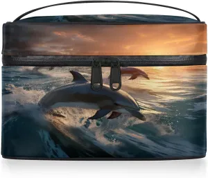 Dolphin Printing Travel Toiletry Bag Large Capacity Makeup Case Organizer with Handle Cosmetic Case for Women Girls