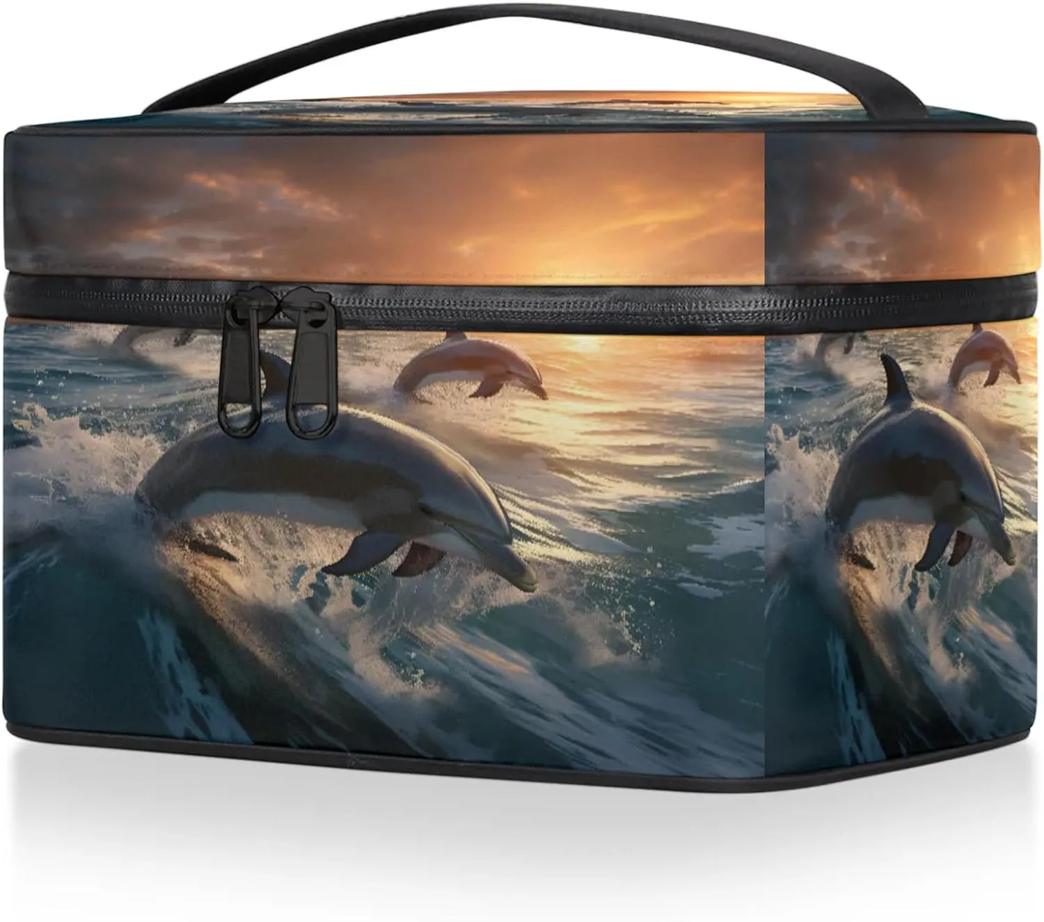 Dolphin Printing Travel Toiletry Bag Large Capacity Makeup Case Organizer with Handle Cosmetic Case for Women Girls