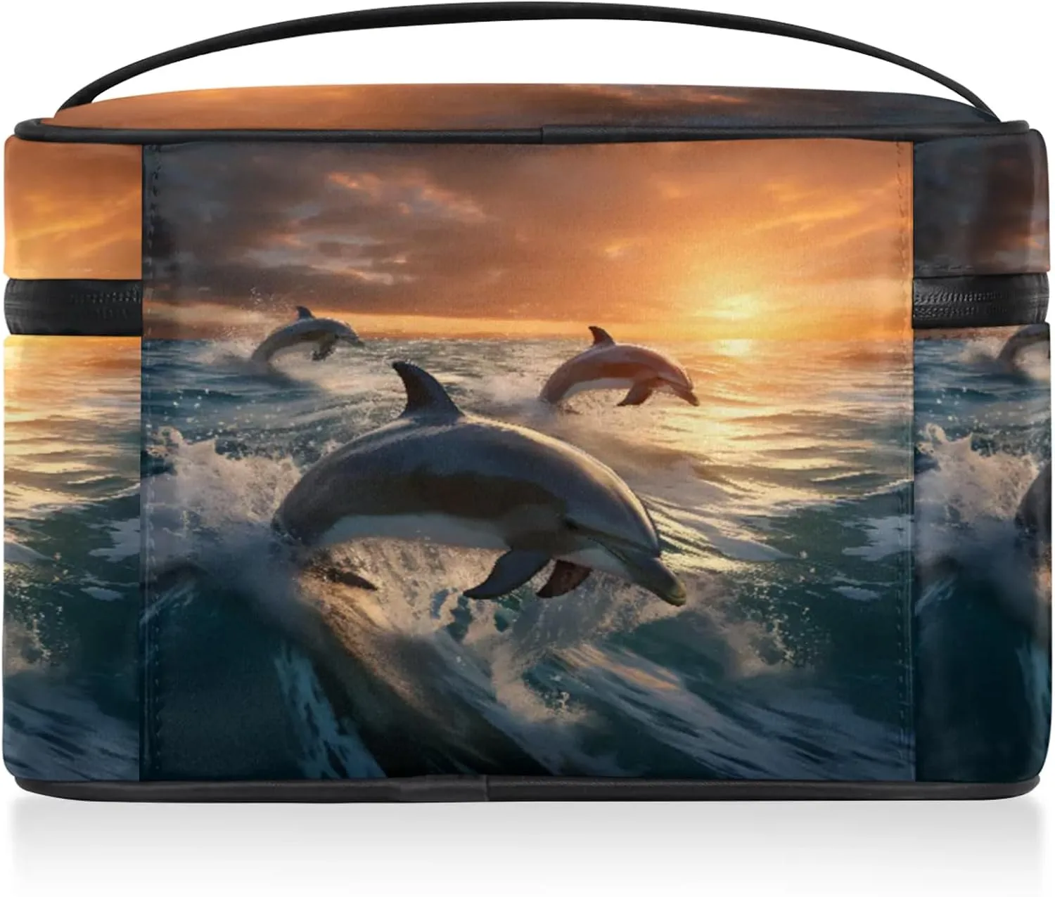 Dolphin Printing Travel Toiletry Bag Large Capacity Makeup Case Organizer with Handle Cosmetic Case for Women Girls