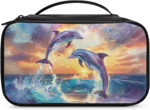 Dolphins Large Capacity Travel Cosmetic Bag for Women Toiletry Case Travel Make Up Bag with Handle and Divider Makeup Pouch Storing Travel Sized Cosmetics & Bottles Organized