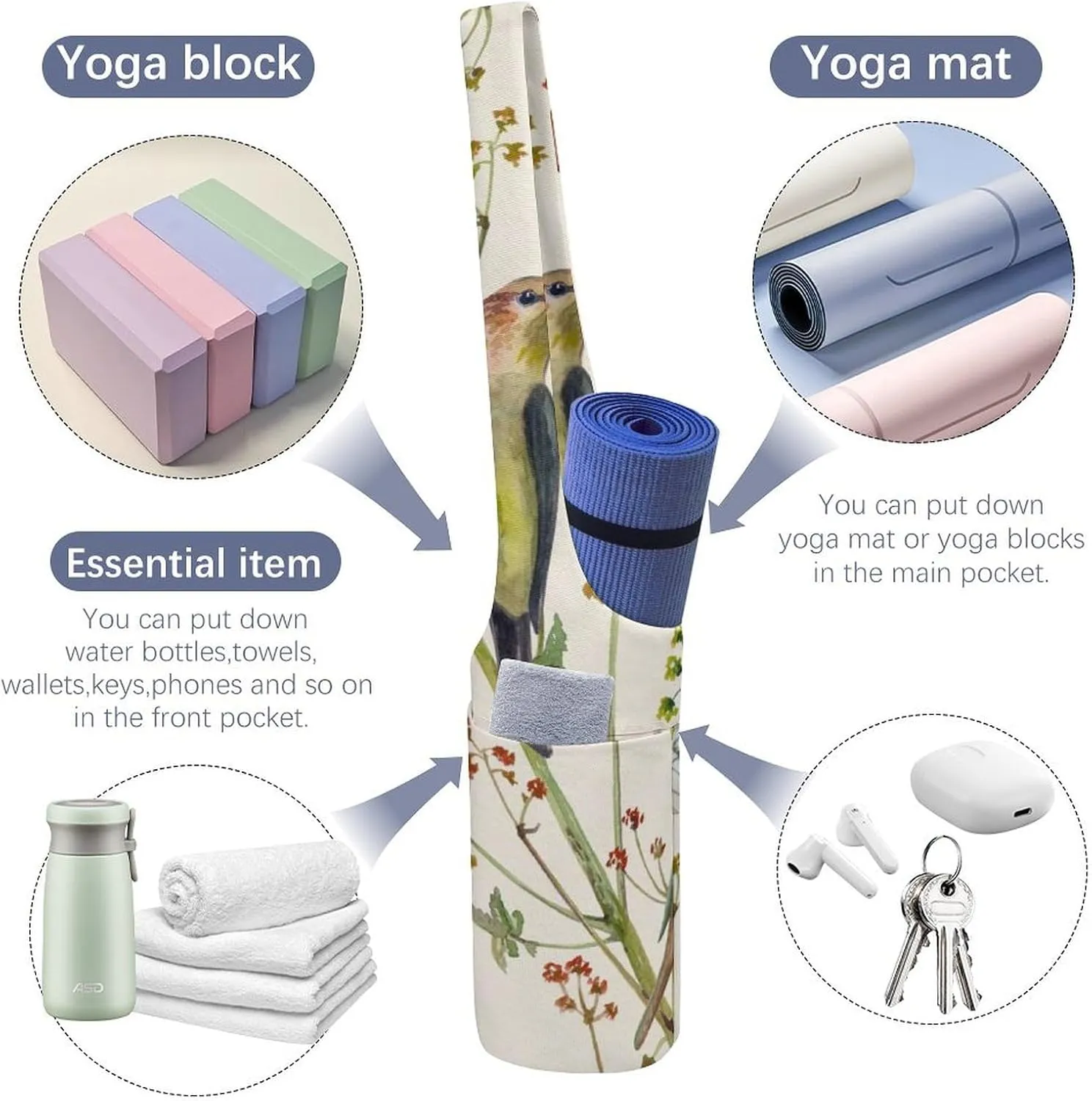 Donnapink Yoga Mat Bag, Canvas Storage Bag with Pocket Shoulder Strap, Fashion Mat Bag