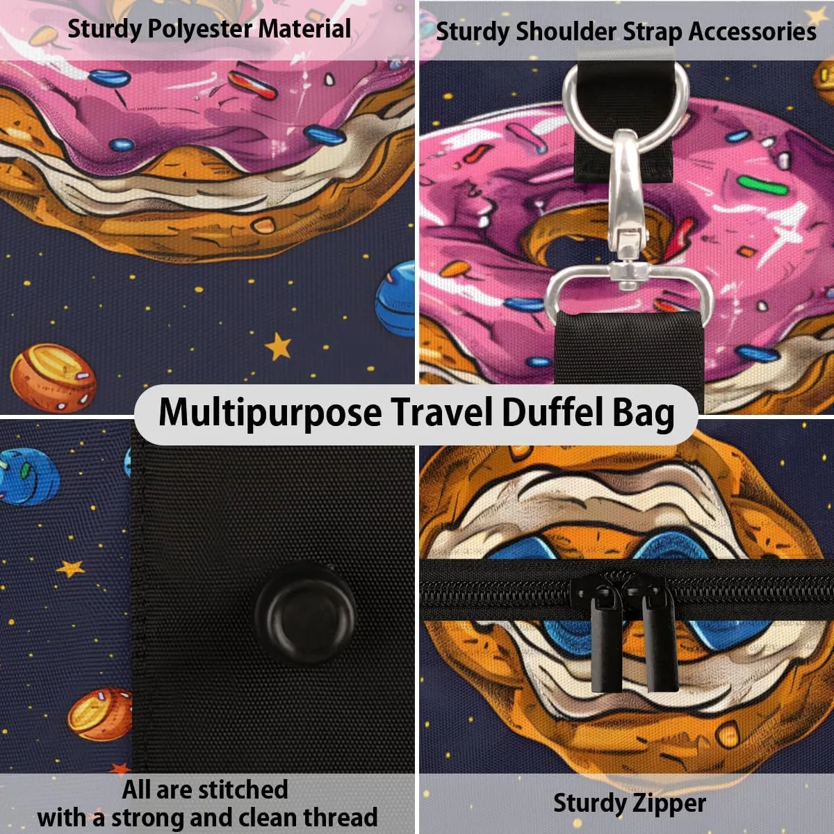 Donuts Dessert Travel Duffle Bag for Women Men Gym Duffel Foldable Bag Waterproof Weekender Colorful Duffle Tote