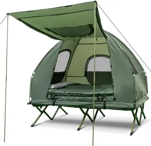 DORTALA 2-Person Tent Cot, Foldable Elevated Camping Tent w/Air Mattress & Sleeping Bag, Portable Dome Camping Tent Cot for Hiking, Camping & Picnic