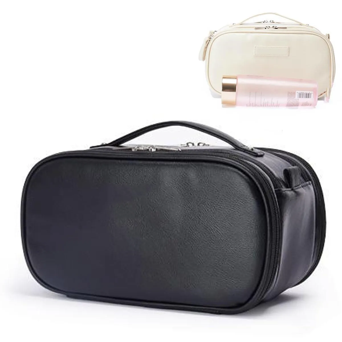 Double Zipper Large Capacity Portable Cosmetic Bag Portable Washing Travel Skin Care Products Makeup Brush Cosmetic Storage Bag (Black)