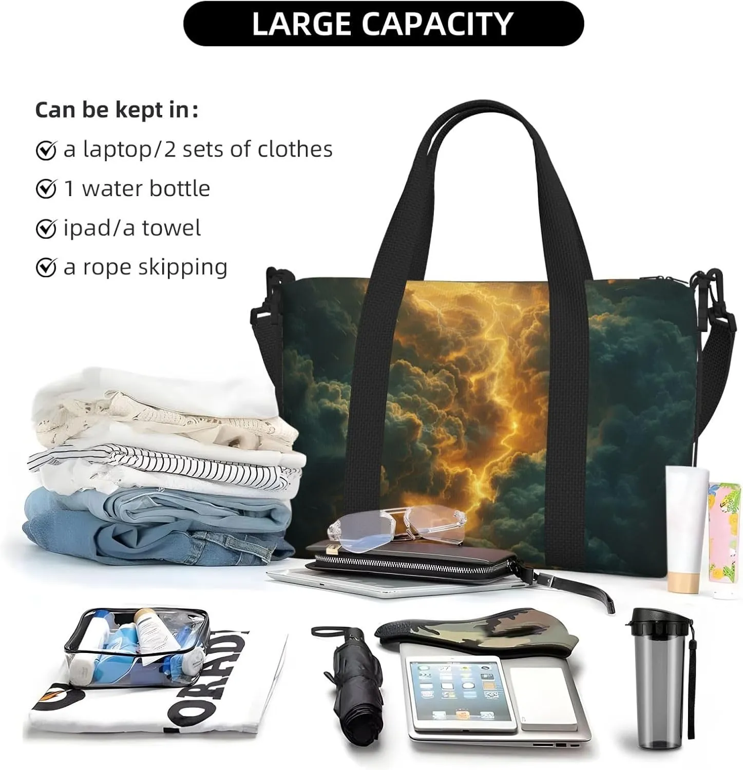 dramatic intense lightning strike print Travel Duffel Bag, Sports Tote Gym Bag, Swim Pool Bag Large Shoulder Tote Bag for Beach Weekender