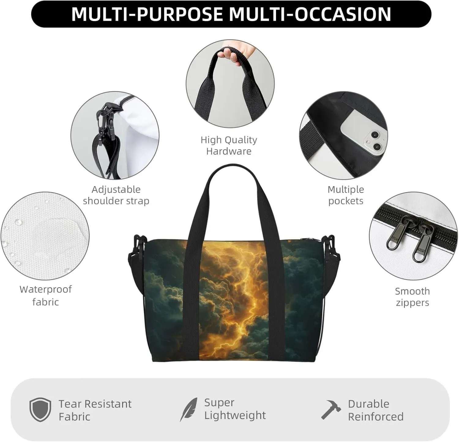 dramatic intense lightning strike print Travel Duffel Bag, Sports Tote Gym Bag, Swim Pool Bag Large Shoulder Tote Bag for Beach Weekender